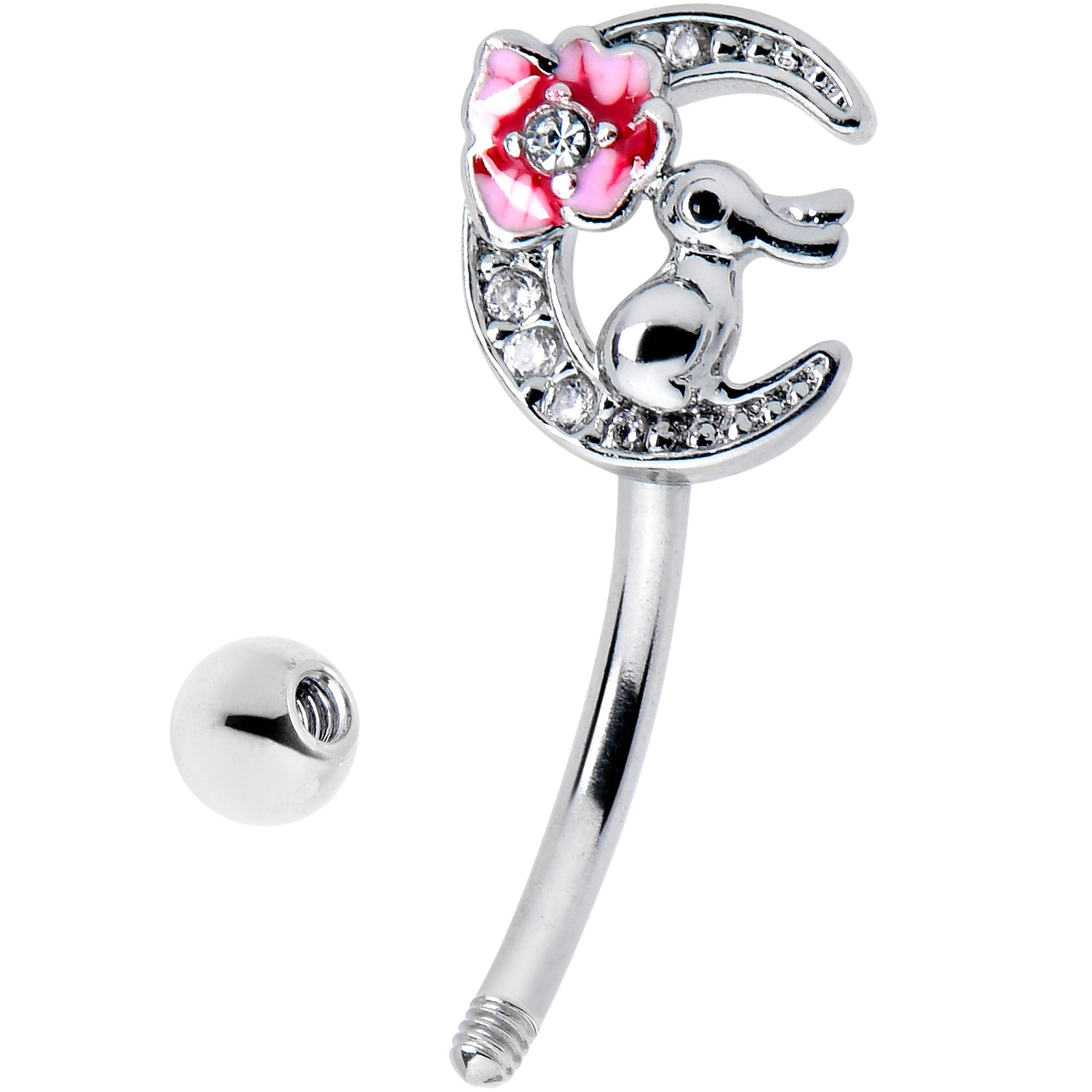 BodyCandy 16G 5/16 Clear CZ Gem Rabbit On The Moon Pink Curved Eyebrow Ring — detail close-up