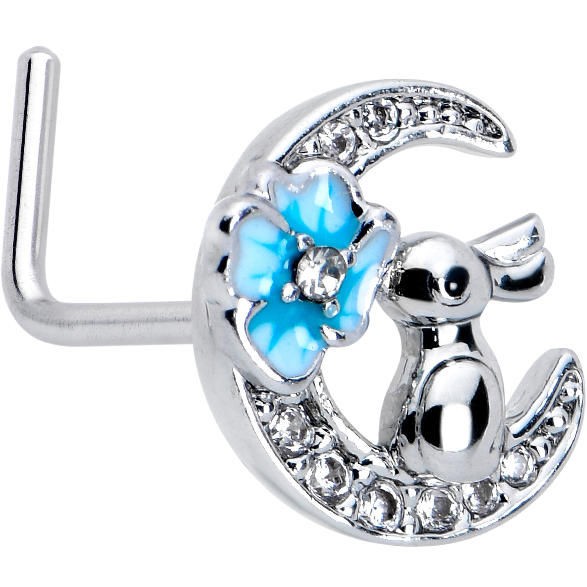 BodyCandy 20G 7mm Clear CZ Gem Rabbit On The Moon Blue L Shape Nose Ring — main product shot