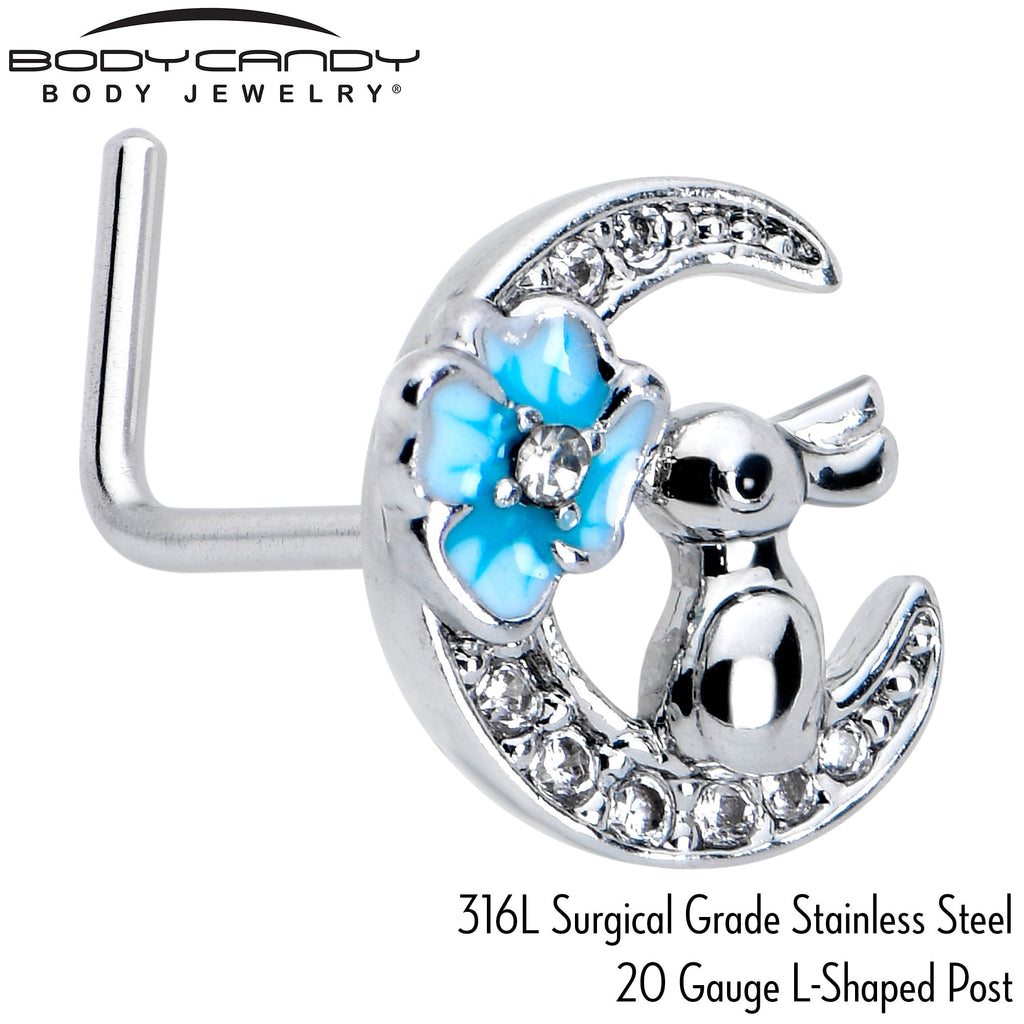 BodyCandy 20G 7mm Clear CZ Gem Rabbit On The Moon Blue L Shape Nose Ring — side view