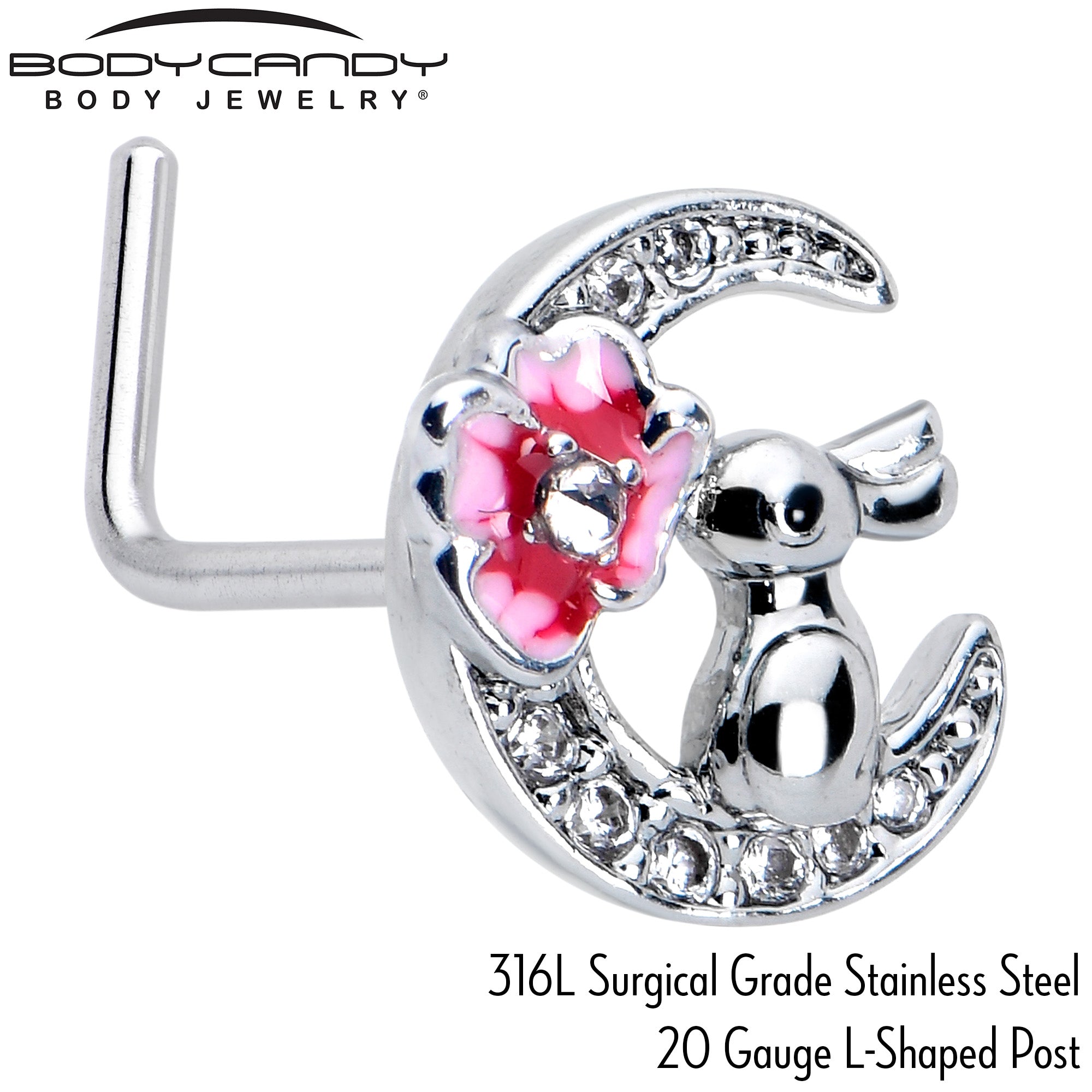 BodyCandy 20G 7mm Clear CZ Gem Rabbit On The Moon Pink L Shape Nose Ring — side view