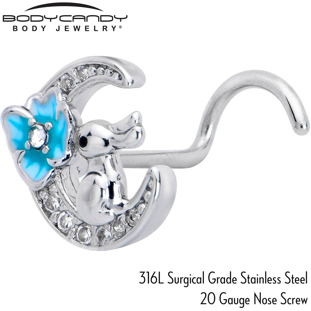 BodyCandy 20G 7mm Clear CZ Gem Rabbit On The Moon Blue Left Side Nose Screw — side view