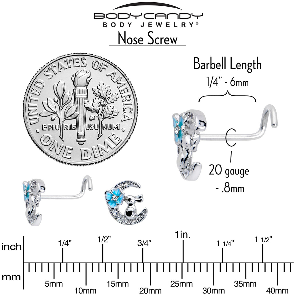 BodyCandy 20G 7mm Clear CZ Gem Rabbit On The Moon Blue Left Side Nose Screw — back view