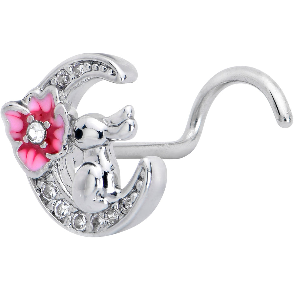 BodyCandy 20G 7mm Clear CZ Gem Rabbit On The Moon Pink Left Side Nose Screw — main product shot