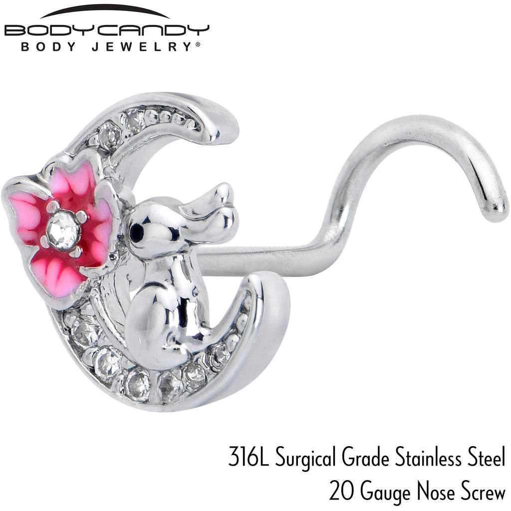 BodyCandy 20G 7mm Clear CZ Gem Rabbit On The Moon Pink Left Side Nose Screw — side view