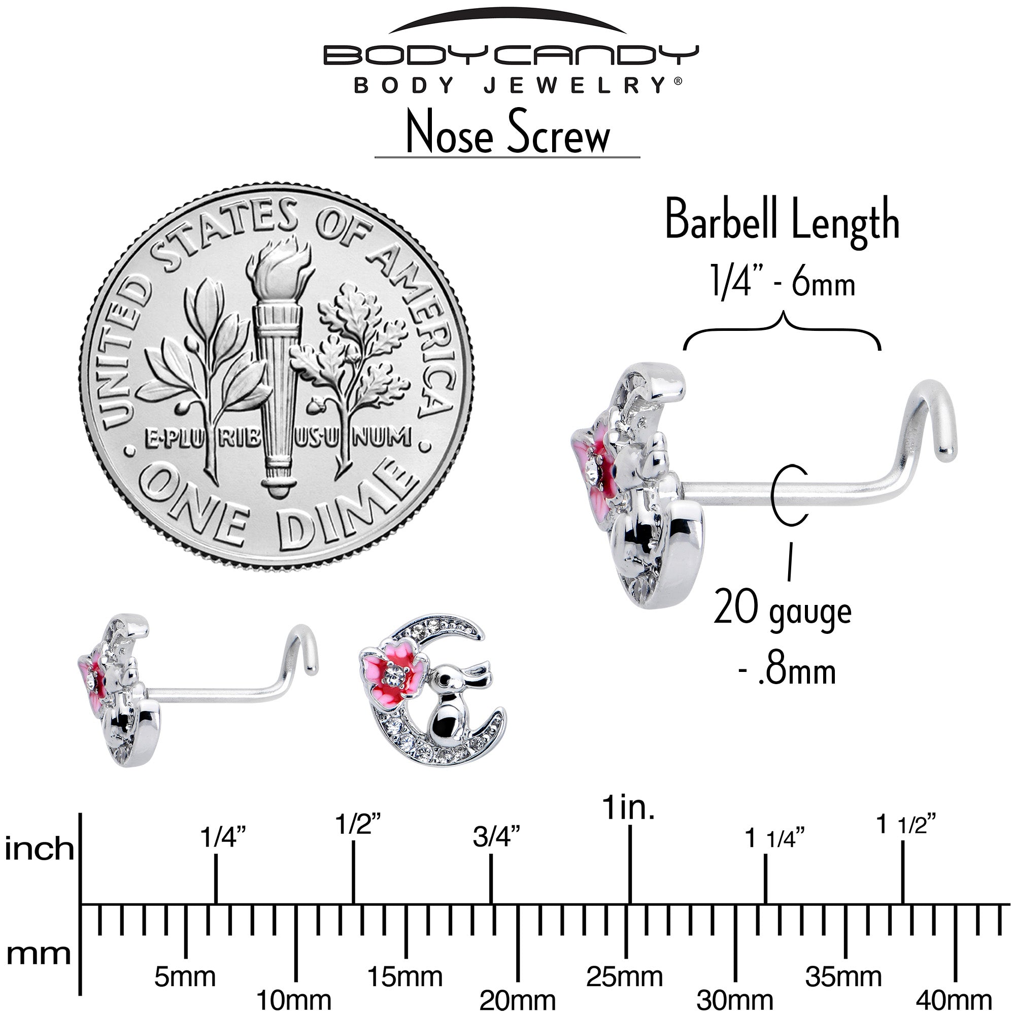 BodyCandy 20G 7mm Clear CZ Gem Rabbit On The Moon Pink Left Side Nose Screw — back view