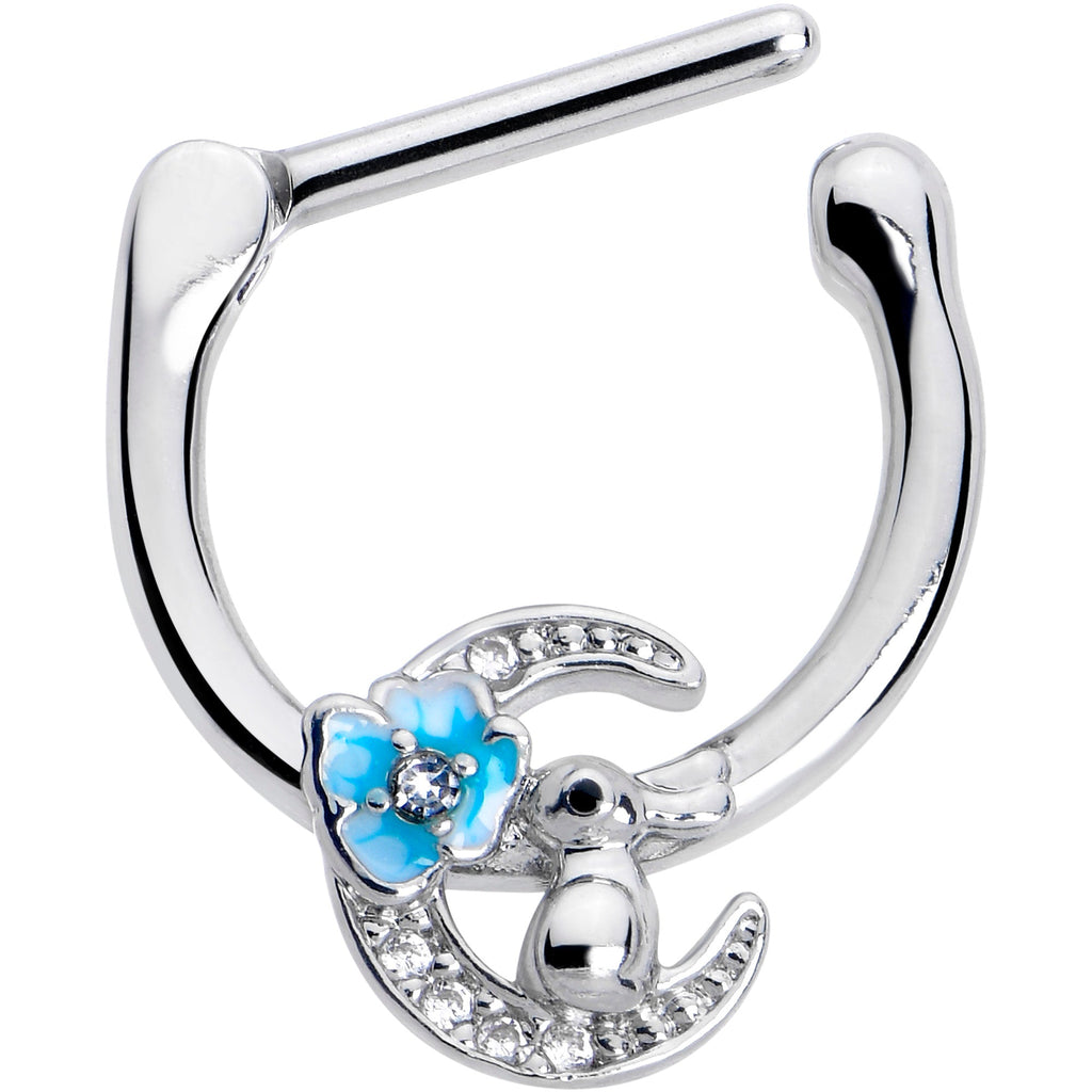 BodyCandy 16G 5/16 Clear CZ Gem Rabbit On The Moon Blue Cartilage Clicker — detail close-up