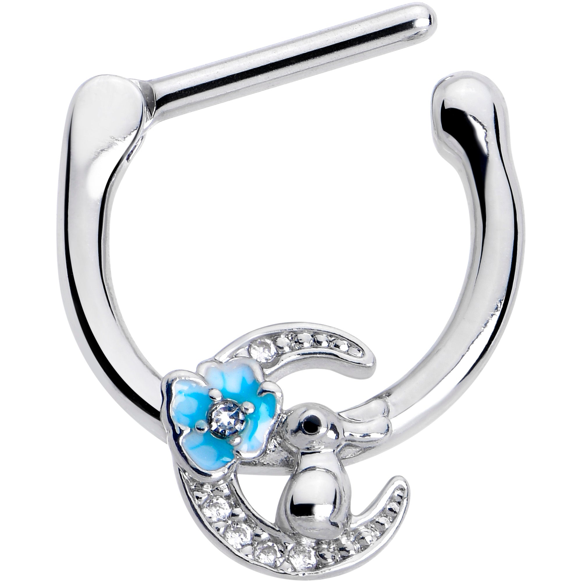 BodyCandy 16G 5/16 Clear CZ Gem Rabbit On The Moon Blue Cartilage Clicker — detail close-up