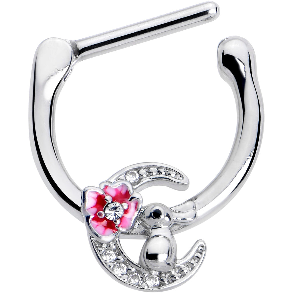BodyCandy 16G 5/16 Clear CZ Gem Rabbit On The Moon Pink Cartilage Clicker — detail close-up