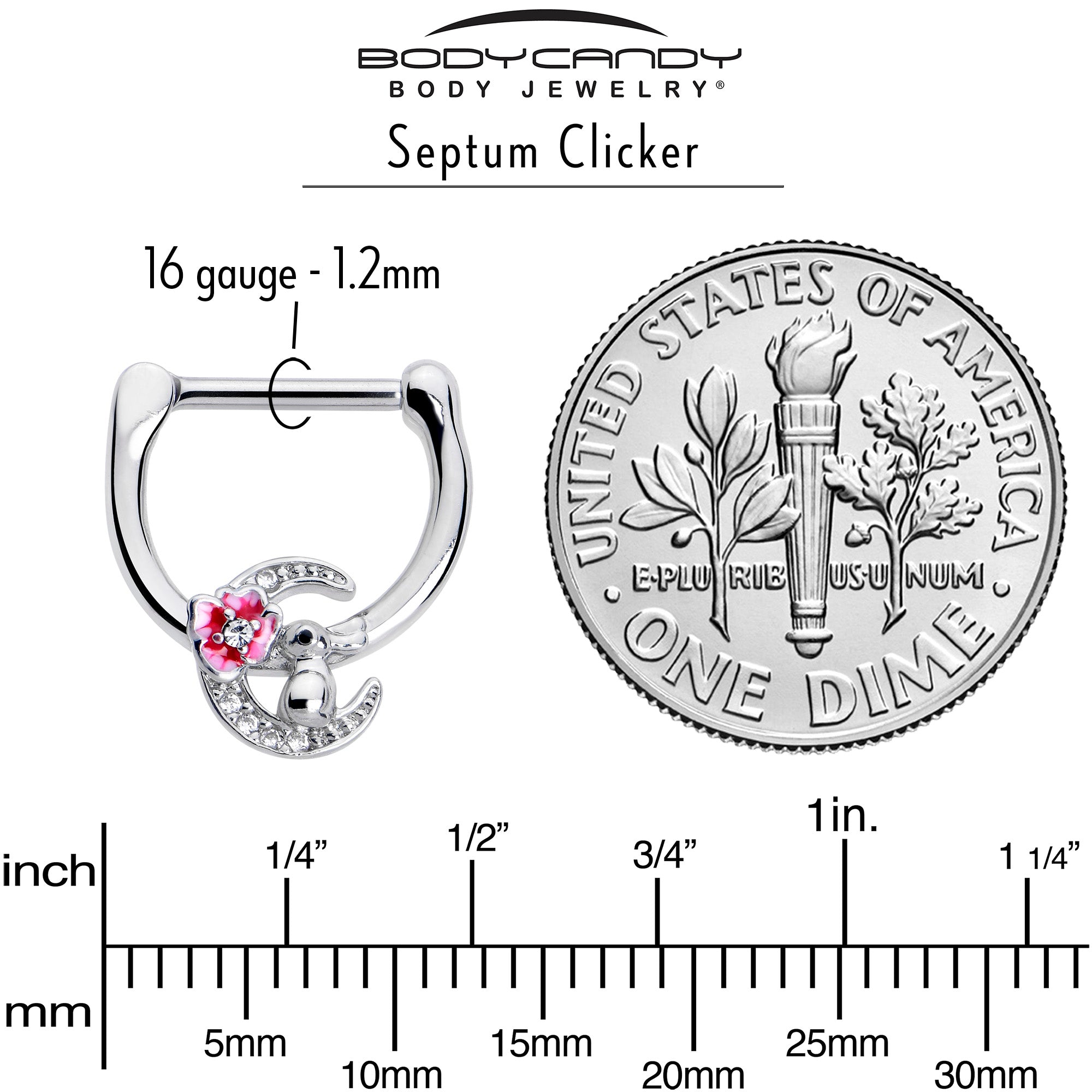 BodyCandy 16G 5/16 Clear CZ Gem Rabbit On The Moon Pink Cartilage Clicker — side view