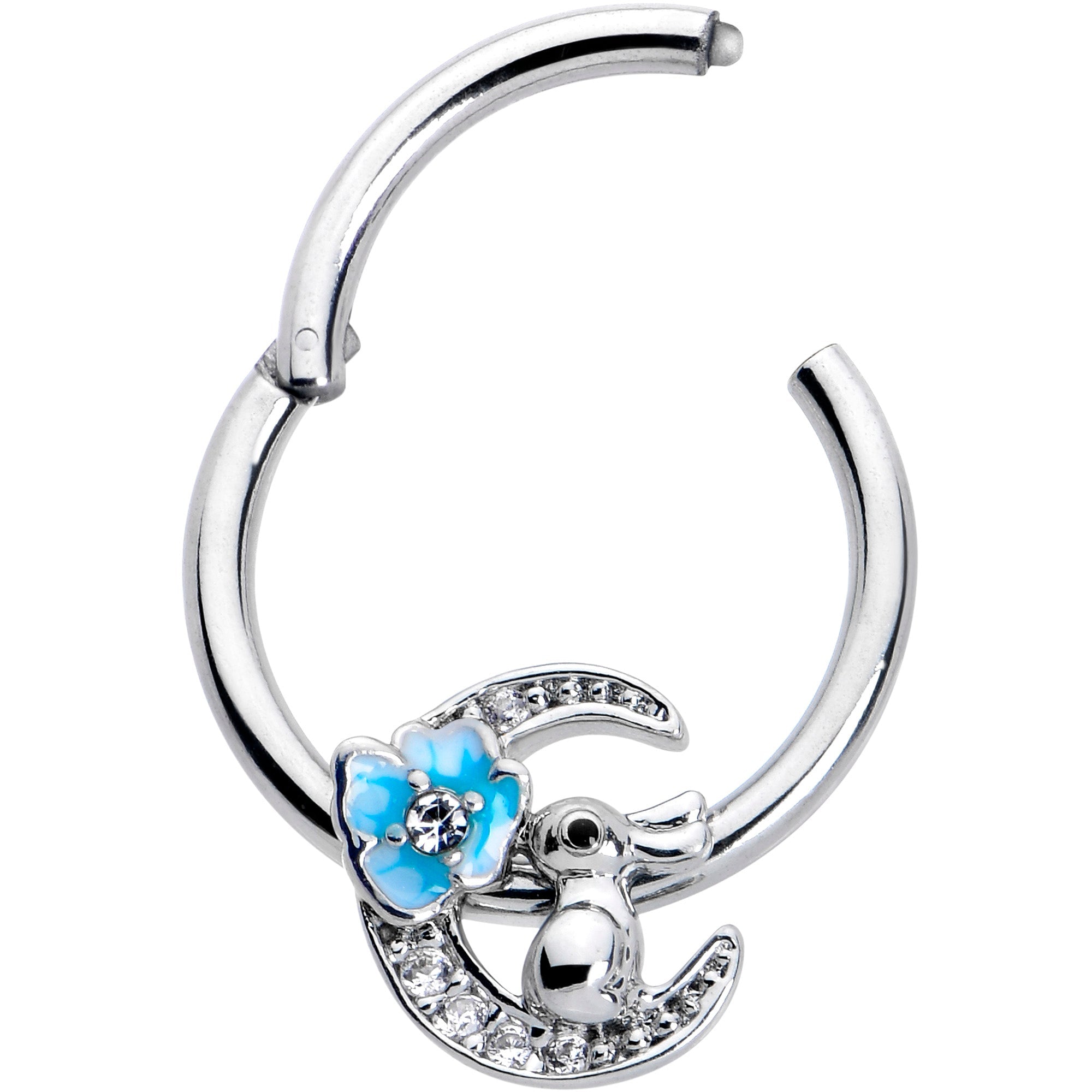BodyCandy 16G 3/8 Clear CZ Gem Rabbit On The Moon Blue Hinged Segment Ring — detail close-up