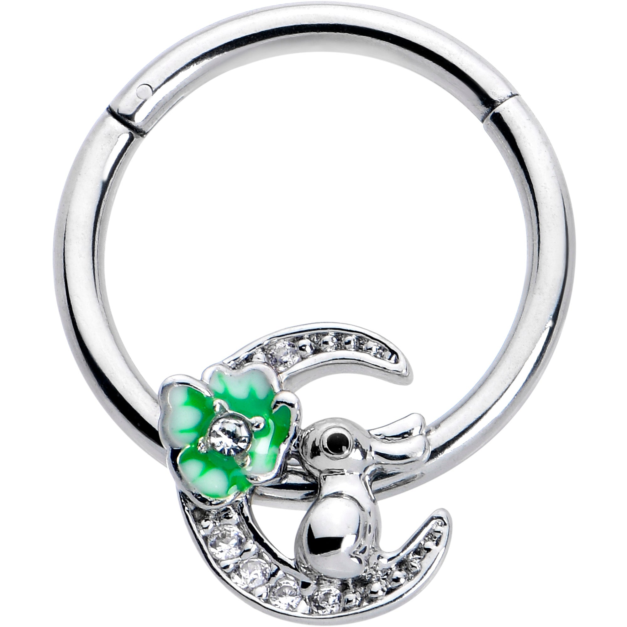 BodyCandy 16G 3/8 Clear CZ Gem Rabbit On The Moon Green Hinged Segment Ring — main product shot