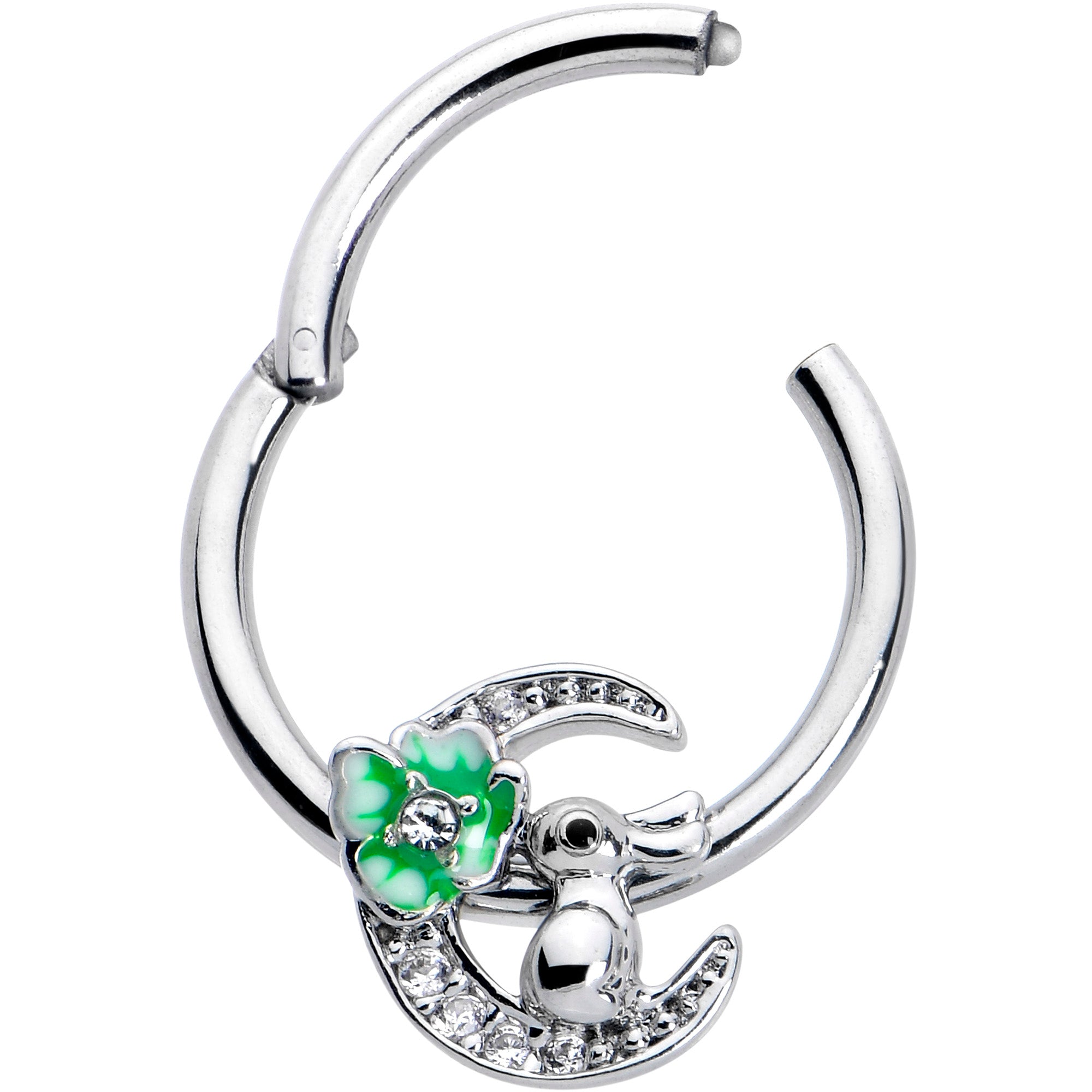 BodyCandy 16G 3/8 Clear CZ Gem Rabbit On The Moon Green Hinged Segment Ring — detail close-up