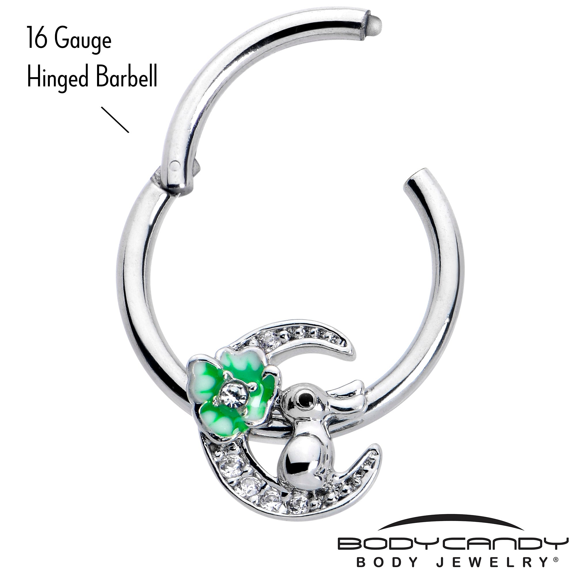BodyCandy 16G 3/8 Clear CZ Gem Rabbit On The Moon Green Hinged Segment Ring — lifestyle context