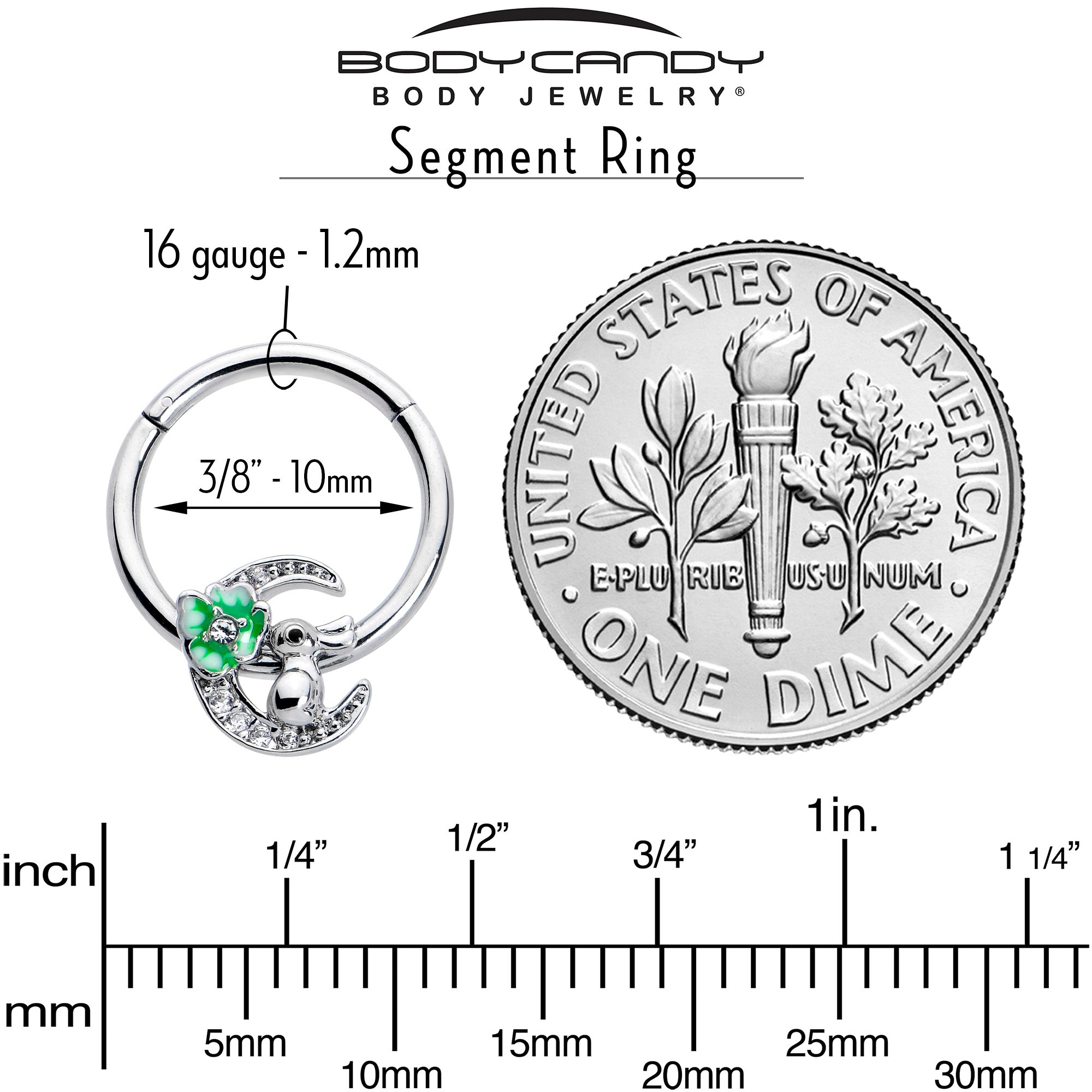 BodyCandy 16G 3/8 Clear CZ Gem Rabbit On The Moon Green Hinged Segment Ring — side view