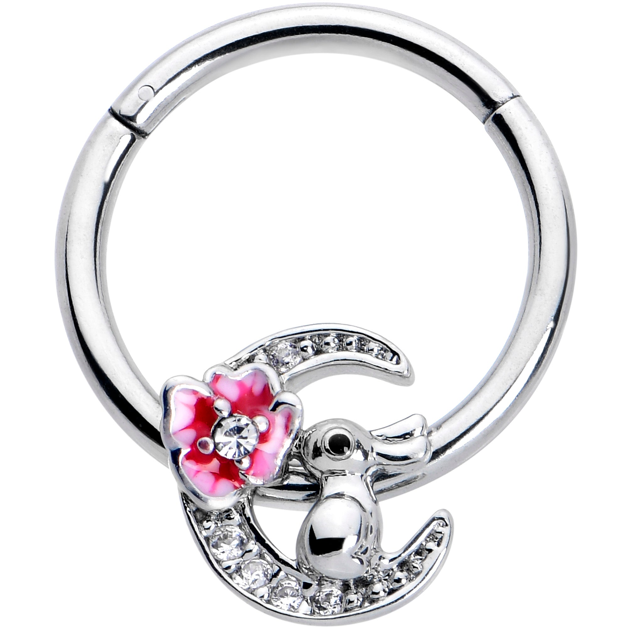 BodyCandy 16G 3/8 Clear CZ Gem Rabbit On The Moon Pink Hinged Segment Ring — main product shot