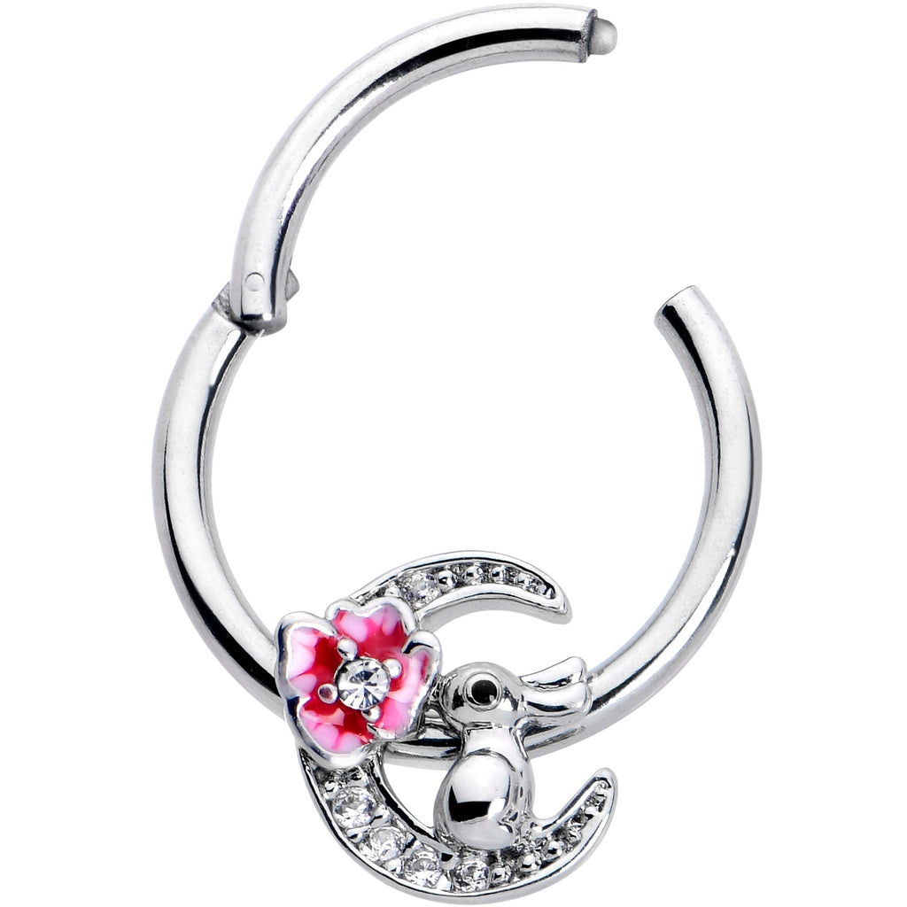 BodyCandy 16G 3/8 Clear CZ Gem Rabbit On The Moon Pink Hinged Segment Ring — detail close-up