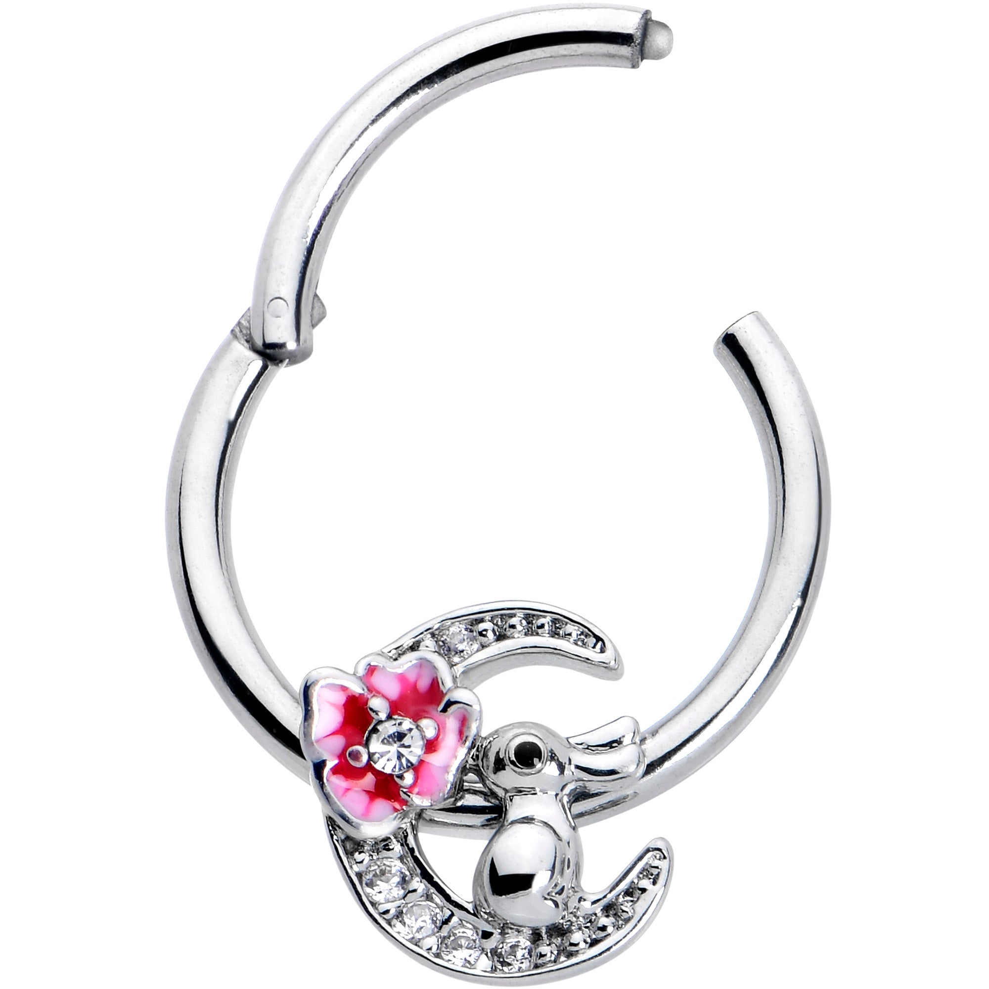 BodyCandy 16G 3/8 Clear CZ Gem Rabbit On The Moon Pink Hinged Segment Ring — detail close-up