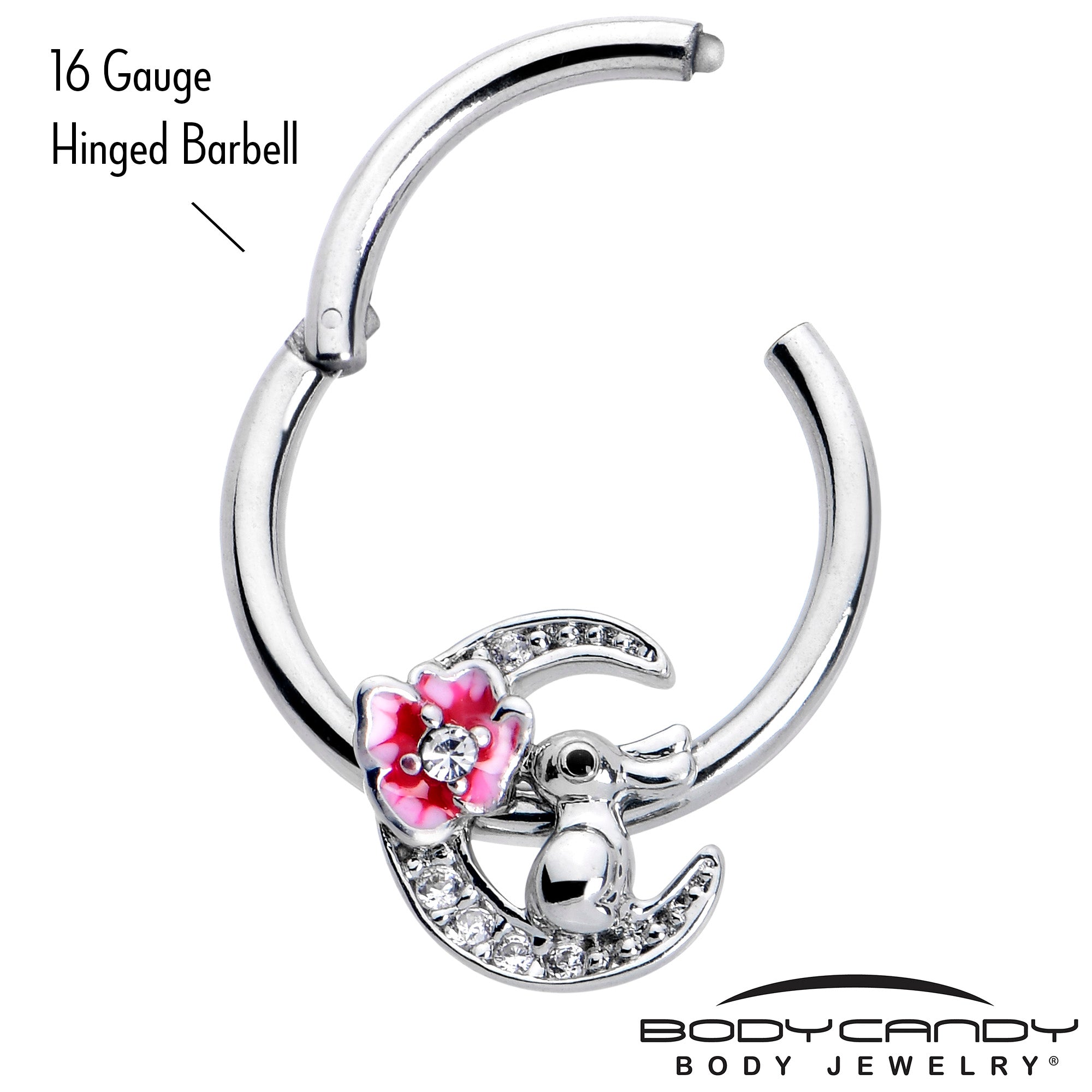BodyCandy 16G 3/8 Clear CZ Gem Rabbit On The Moon Pink Hinged Segment Ring — lifestyle context