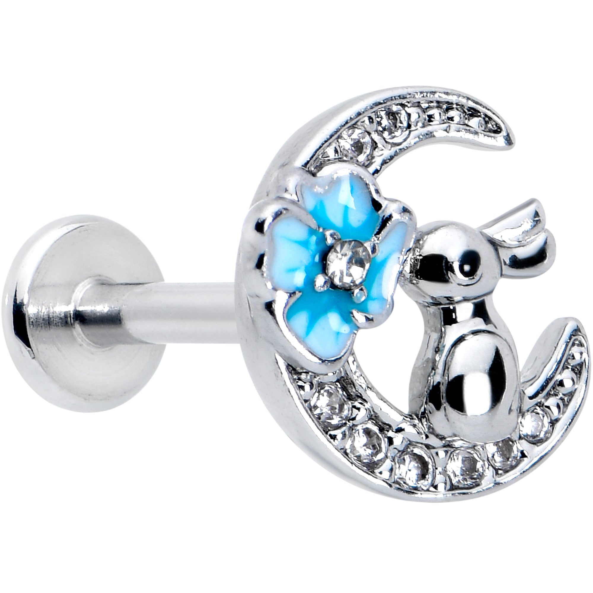 BodyCandy 16G 5/16 Clear CZ Gem Rabbit Moon Blue Internally Threaded Labret — main product shot