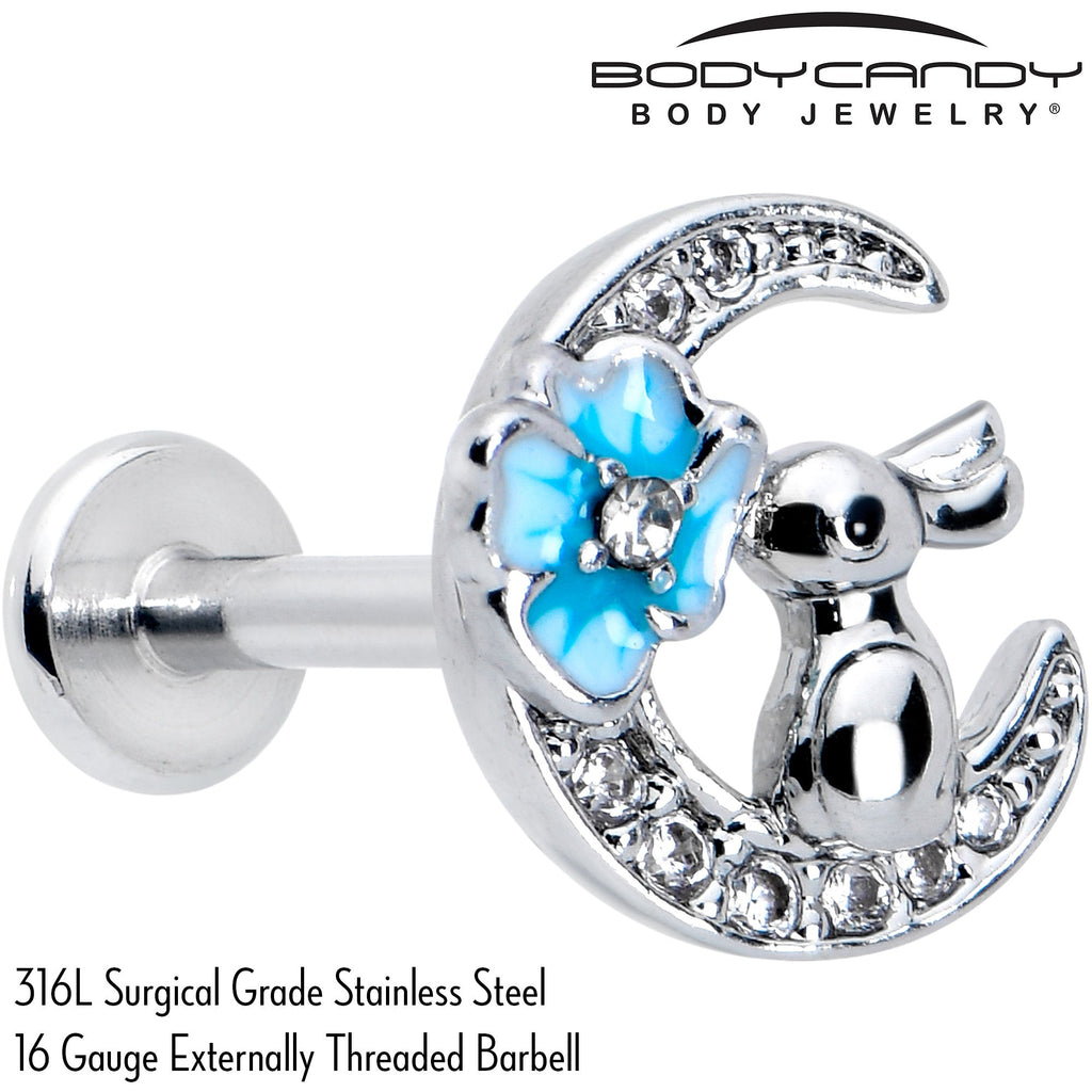 BodyCandy 16G 5/16 Clear CZ Gem Rabbit Moon Blue Internally Threaded Labret — side view