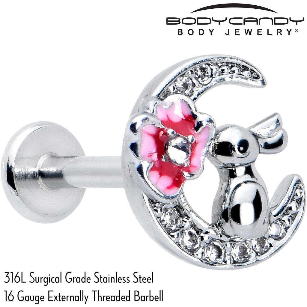 BodyCandy 16G 5/16 Clear CZ Gem Rabbit Moon Pink Internally Threaded Labret — side view