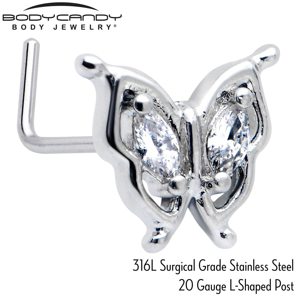 BodyCandy 20G 7mm Clear Gem Fancy Fab Butterfly L Shape Nose Ring — side view
