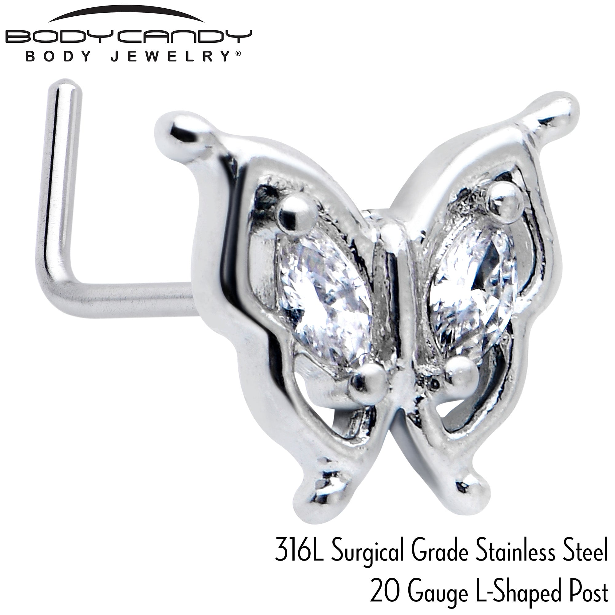 BodyCandy 20G 7mm Clear Gem Fancy Fab Butterfly L Shape Nose Ring — side view