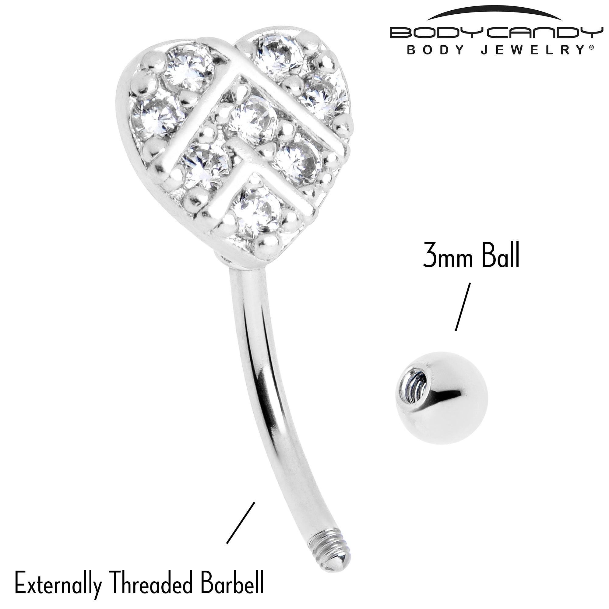 BodyCandy 16G 5/16 Clear Gem Lattice Heart Curved Eyebrow Ring — side view