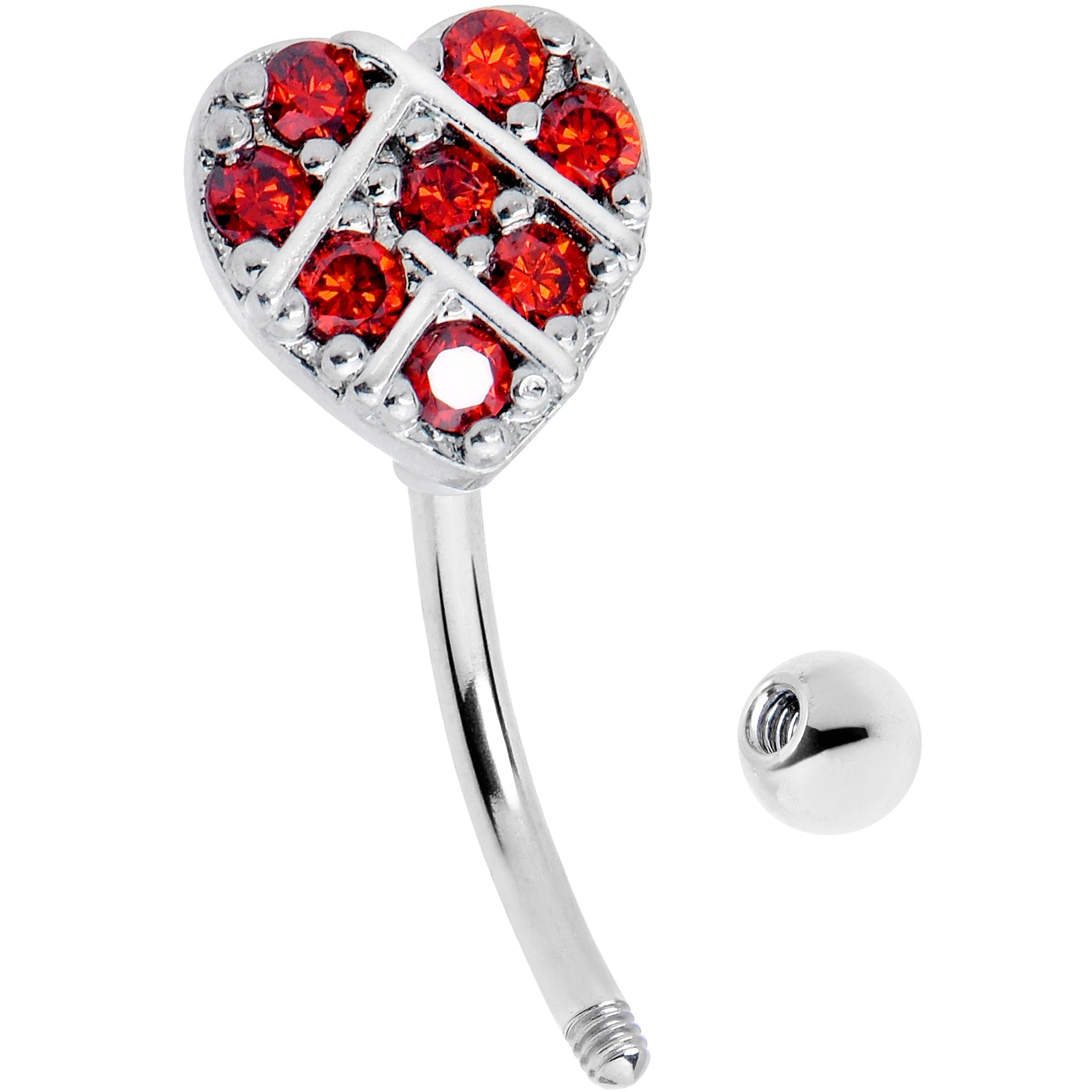 BodyCandy 16G 5/16 Red Gem Lattice Heart Curved Eyebrow Ring — detail close-up