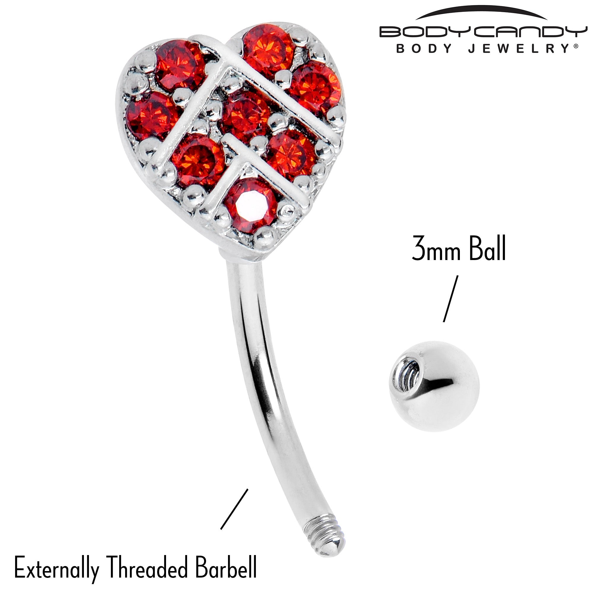 BodyCandy 16G 5/16 Red Gem Lattice Heart Curved Eyebrow Ring — side view
