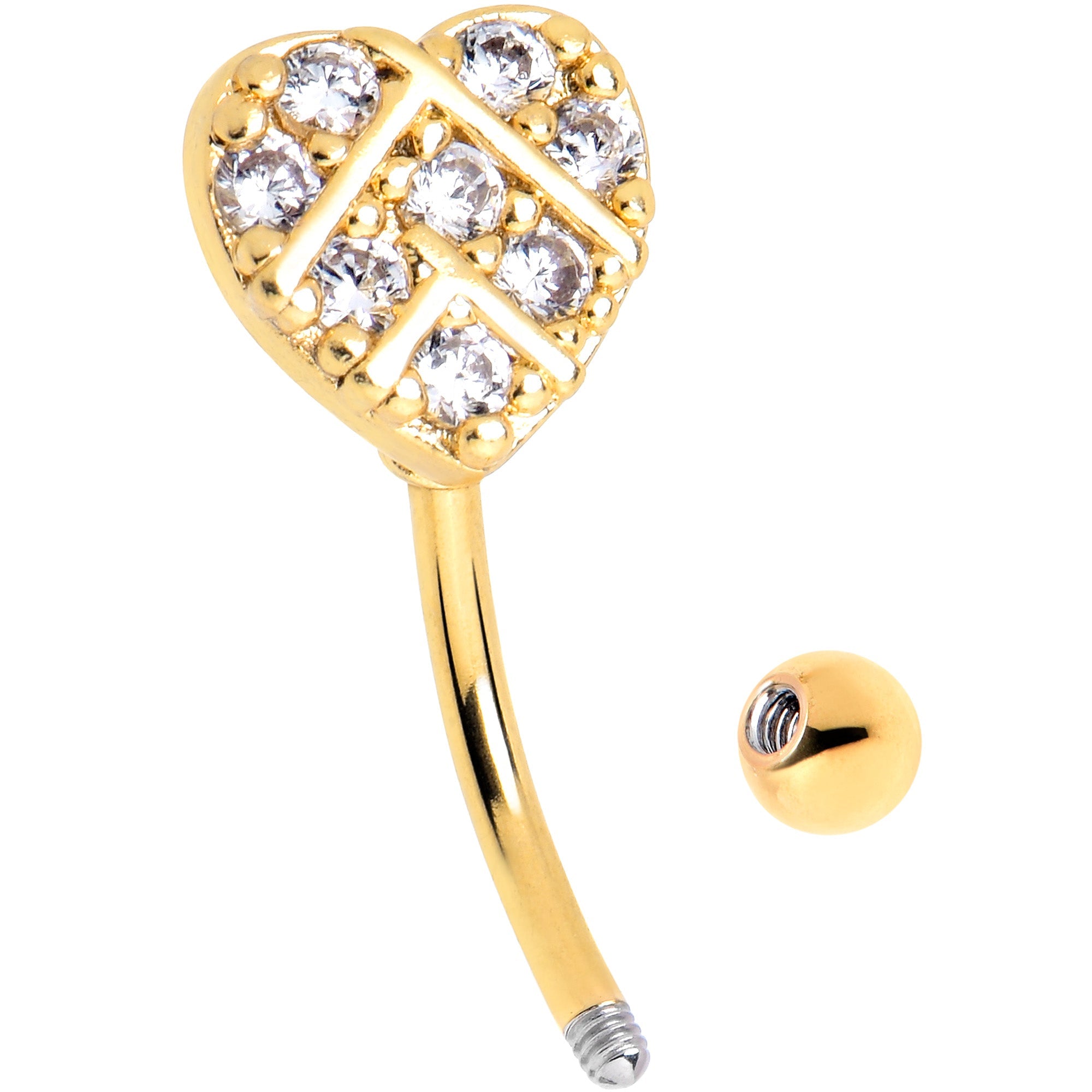BodyCandy 16G 5/16 Clear Gem Gold Tone Lattice Heart Curved Eyebrow Ring — detail close-up