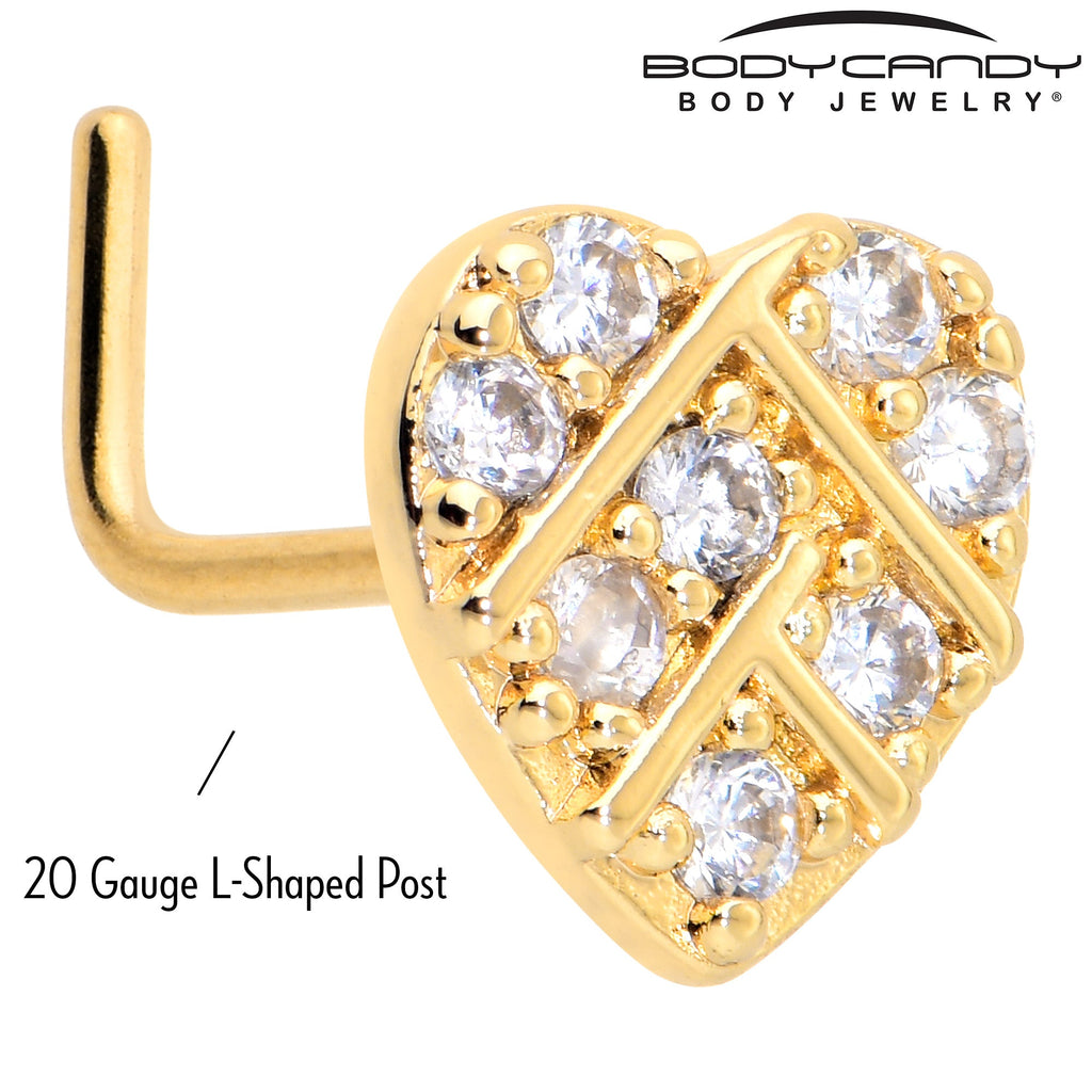 BodyCandy 20G 7mm Clear Gem Gold Tone Lattice Heart L Shape Nose Ring — side view