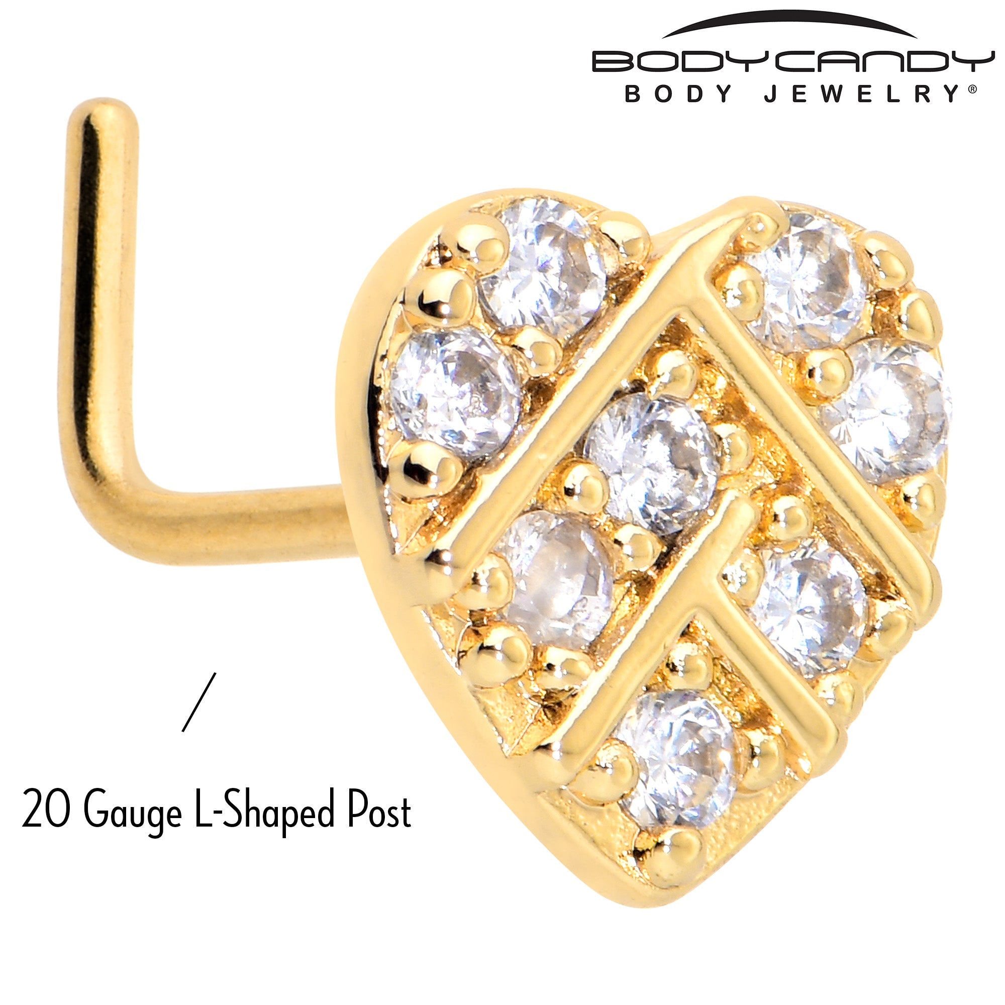 BodyCandy 20G 7mm Clear Gem Gold Tone Lattice Heart L Shape Nose Ring — side view