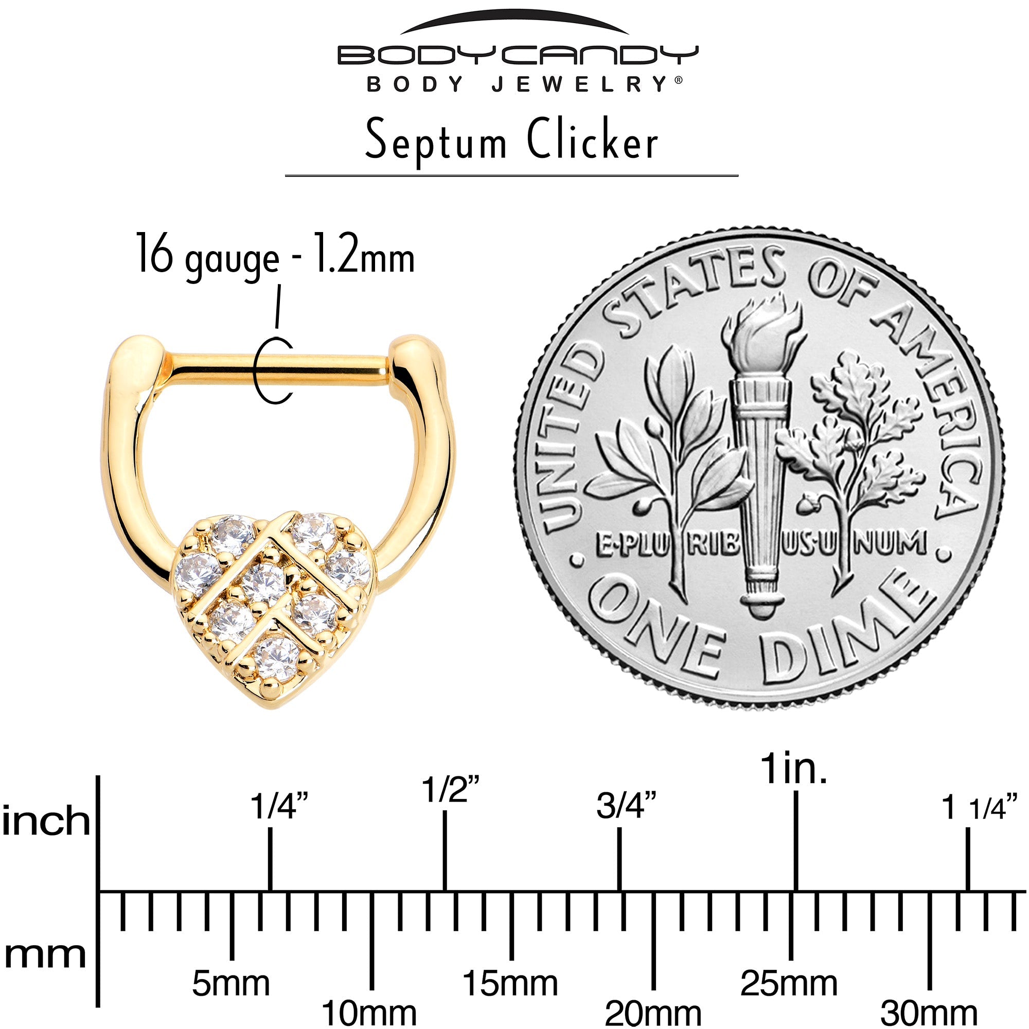 BodyCandy 16G 5/16 Clear Gem Gold Tone Lattice Heart Cartilage Clicker — side view
