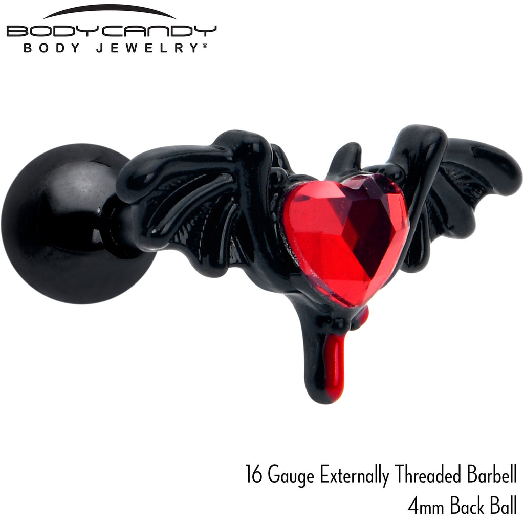 BodyCandy 16G 1/4 Red Gem Black Bleeding Heart Bat Cartilage Tragus Earring — side view