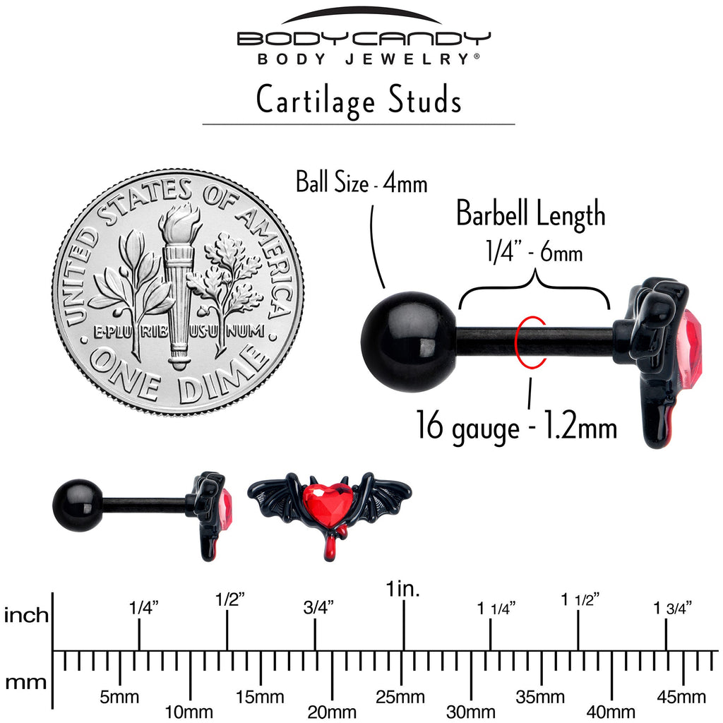 BodyCandy 16G 1/4 Red Gem Black Bleeding Heart Bat Cartilage Tragus Earring — back view