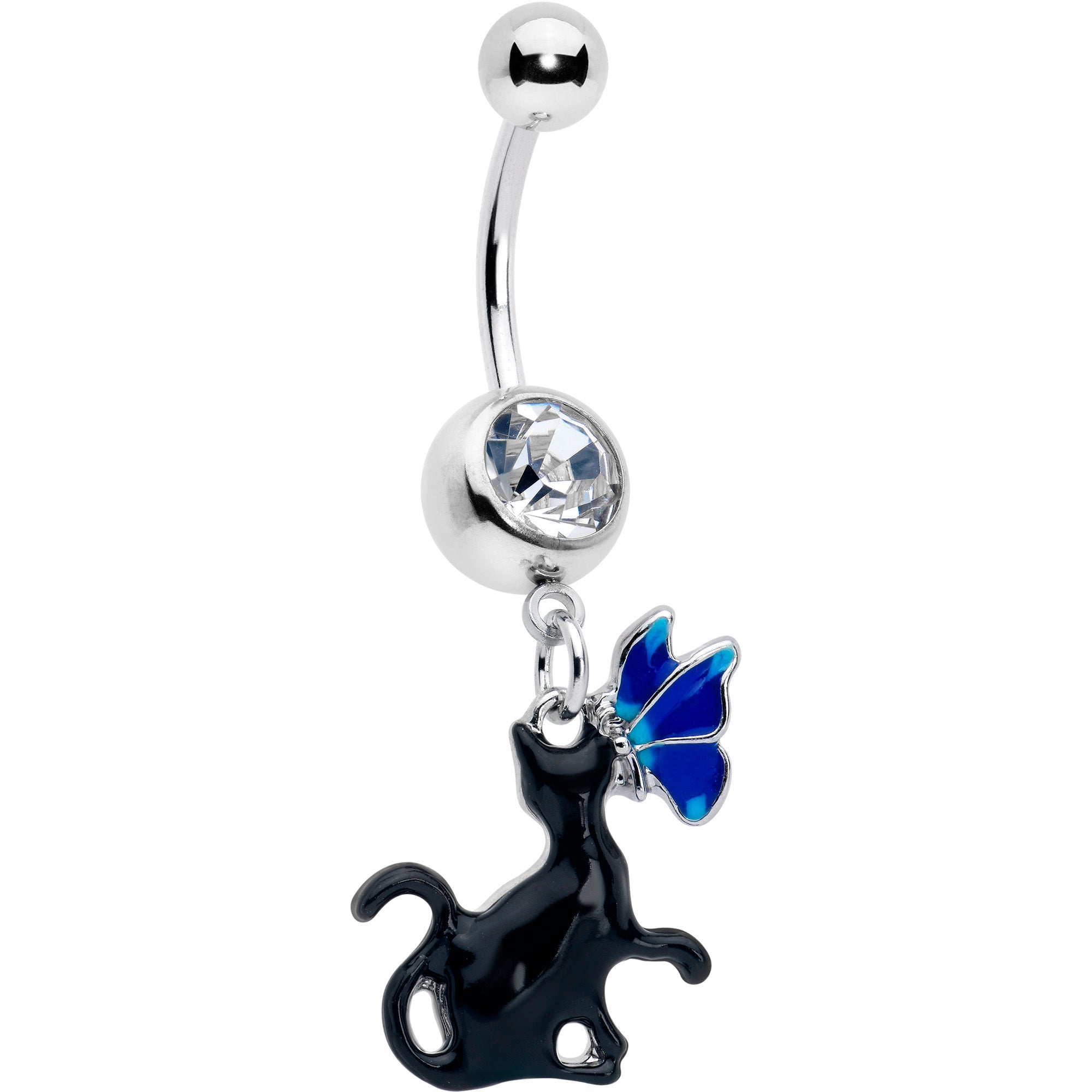 BodyCandy Clear Gem Butterfly Blue Black Cat Dangle Belly Ring — main product shot