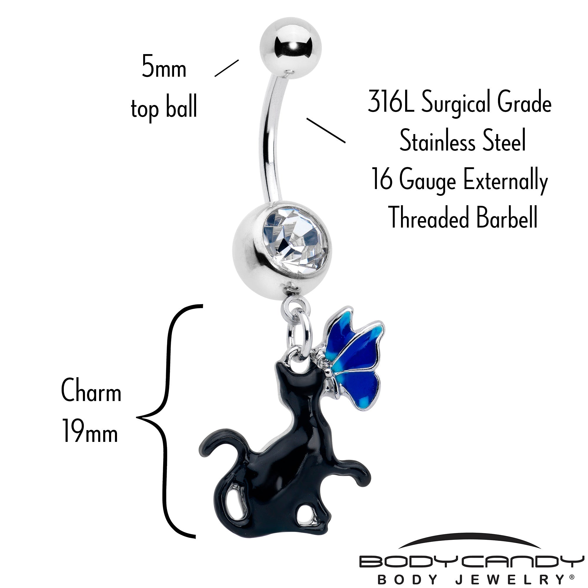 BodyCandy Clear Gem Butterfly Blue Black Cat Dangle Belly Ring — detail close-up