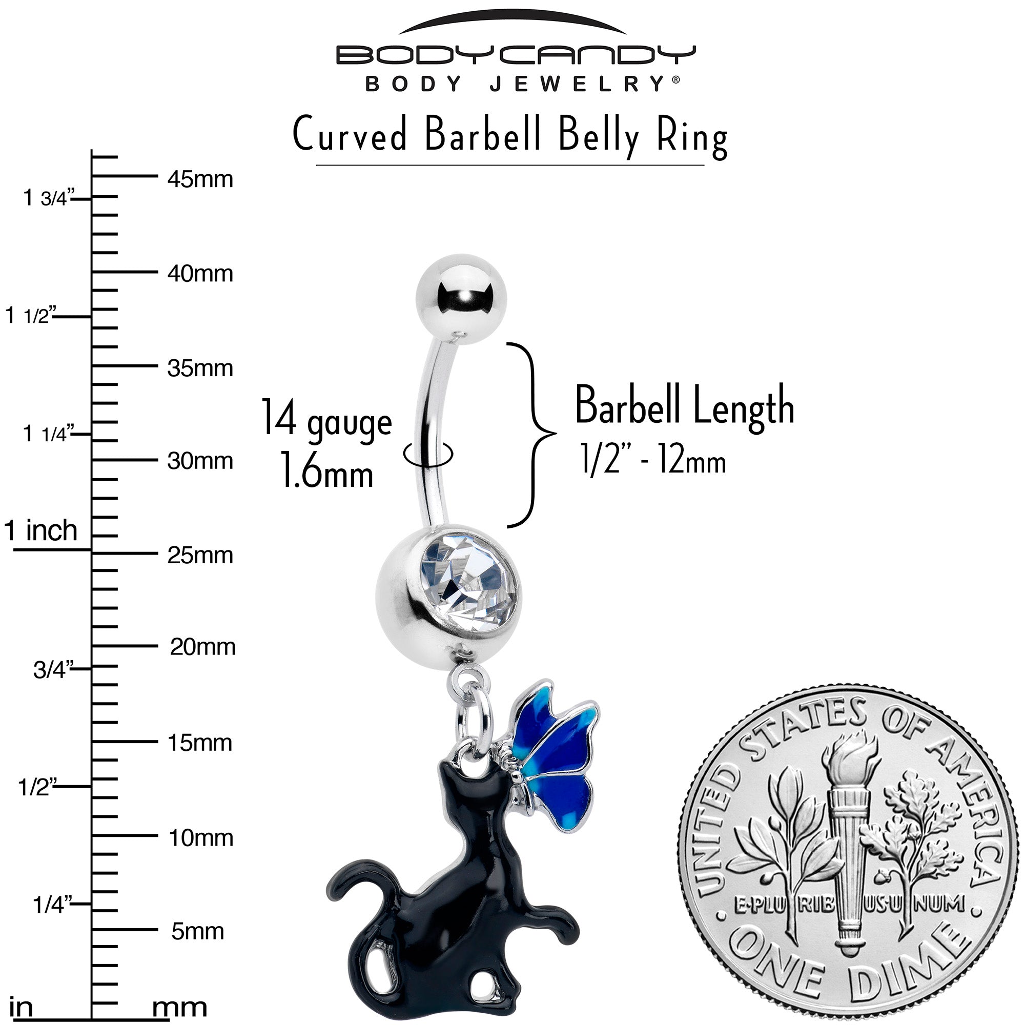 BodyCandy Clear Gem Butterfly Blue Black Cat Dangle Belly Ring — lifestyle context