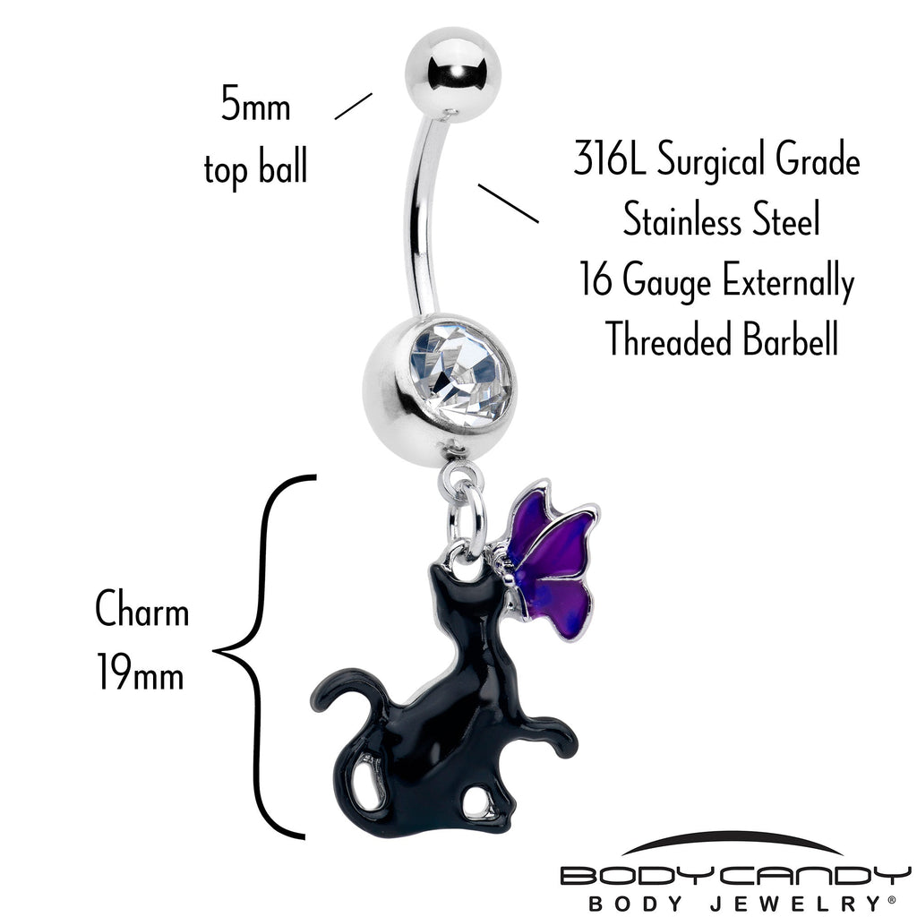 BodyCandy Clear Gem Butterfly Purple Black Cat Dangle Belly Ring — detail close-up