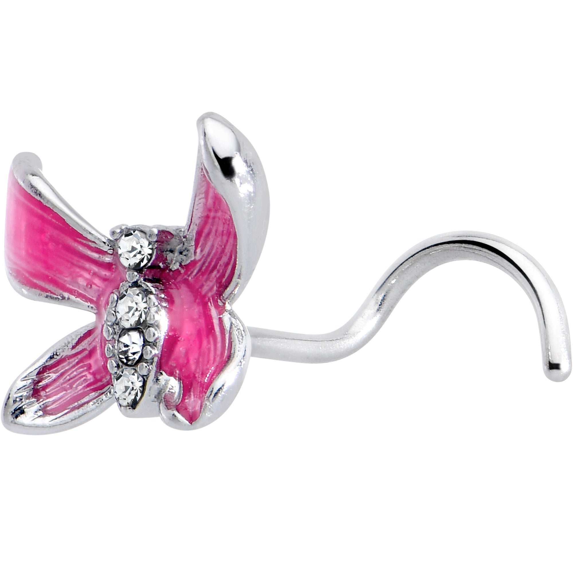 BodyCandy 20G 7mm Clear Gem Chunky Butterfly Pink Left Side Nose Screw — main product shot