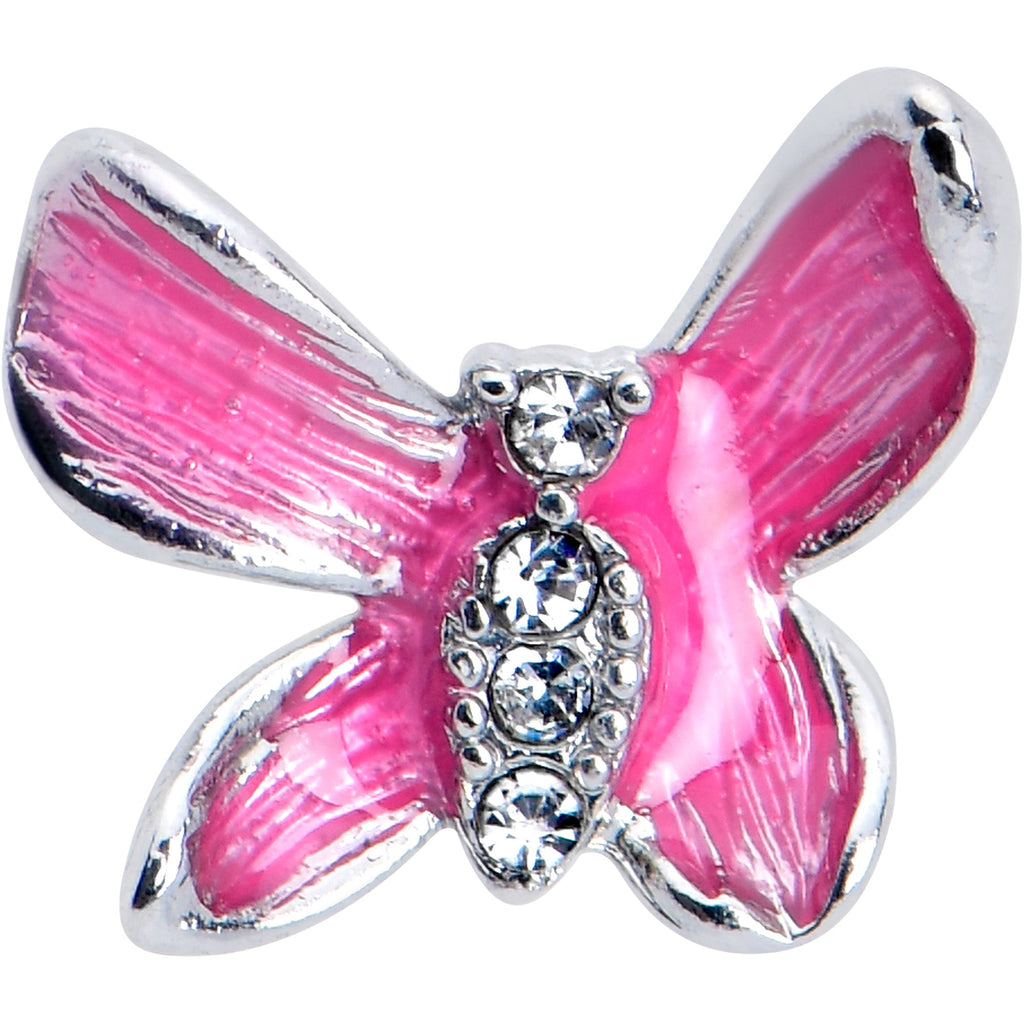 BodyCandy 20G 7mm Clear Gem Chunky Butterfly Pink Left Side Nose Screw — detail close-up