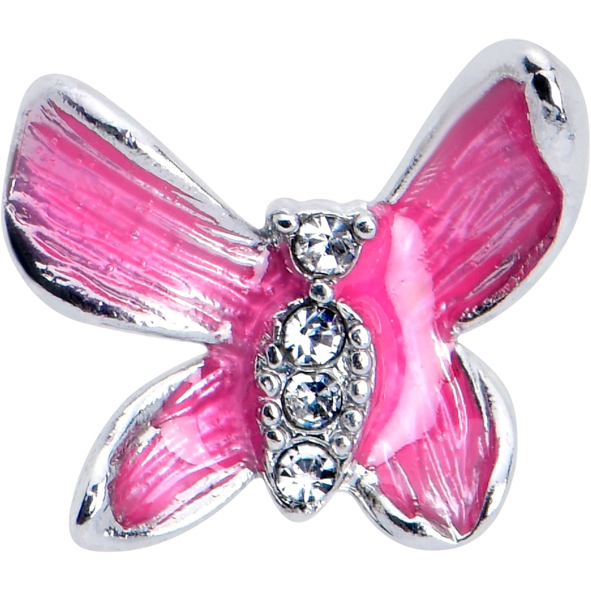 BodyCandy 20G 7mm Clear Gem Chunky Butterfly Pink Left Side Nose Screw — detail close-up