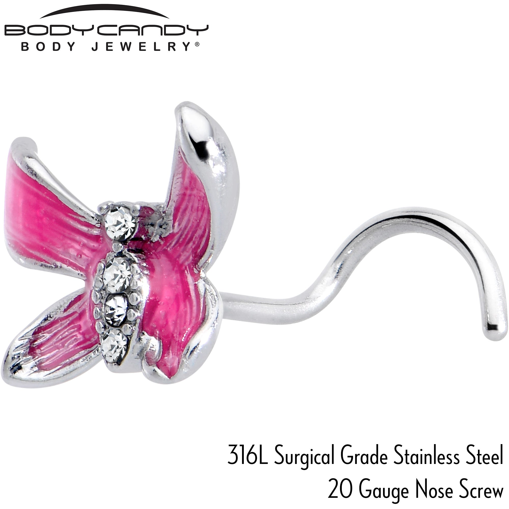 BodyCandy 20G 7mm Clear Gem Chunky Butterfly Pink Left Side Nose Screw — side view