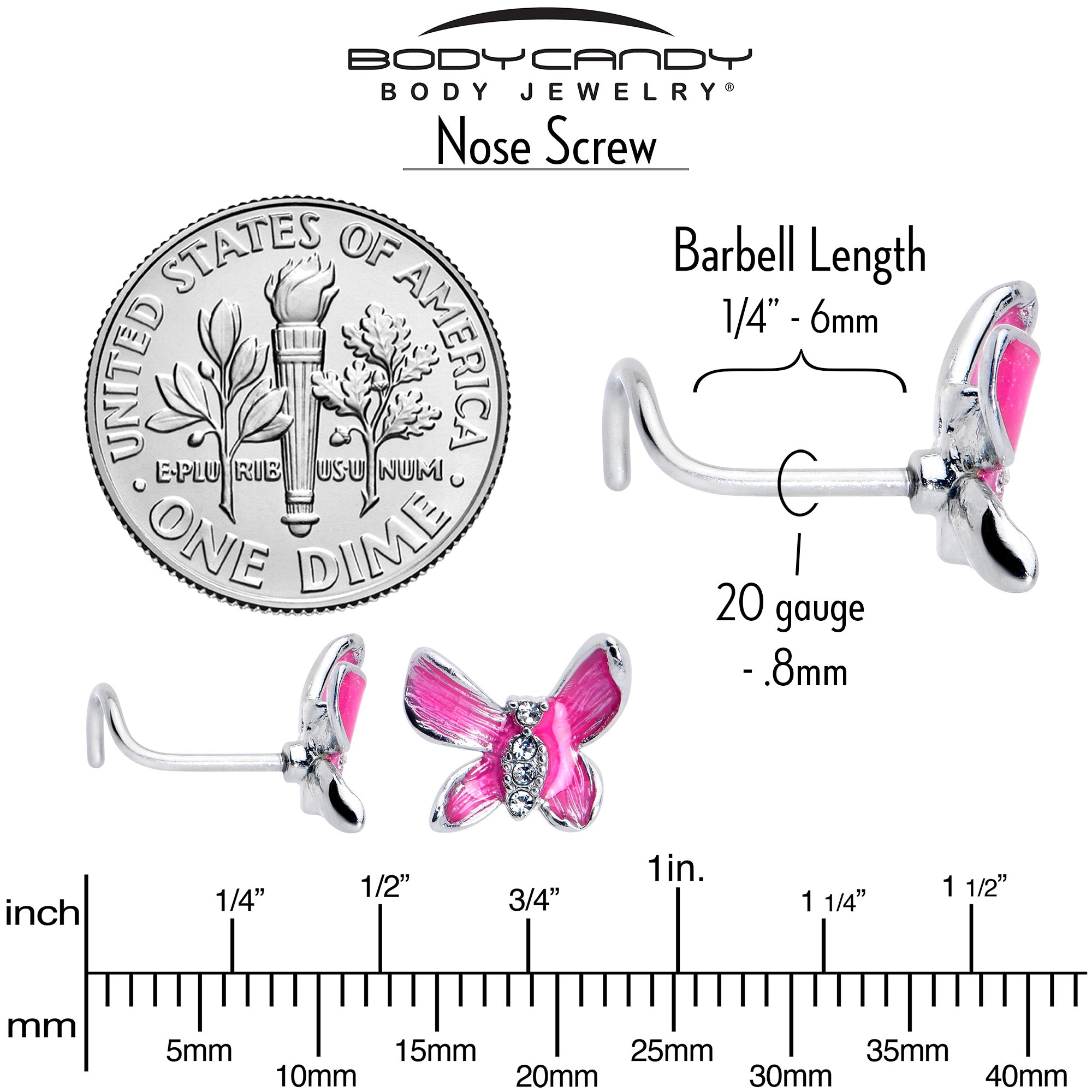 BodyCandy 20G 7mm Clear Gem Chunky Butterfly Pink Left Side Nose Screw — back view