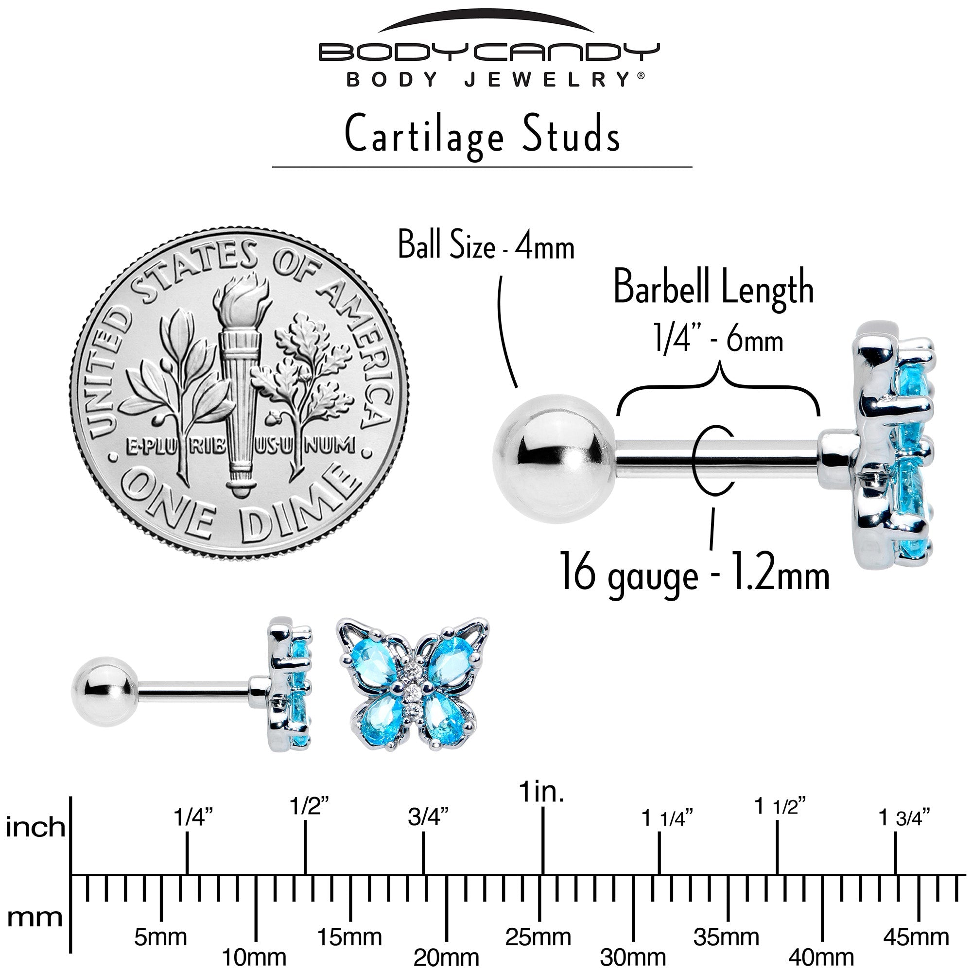 BodyCandy 16G 1/4 Blue Gem Baroque Beauty Butterfly Cartilage Tragus Earring — back view