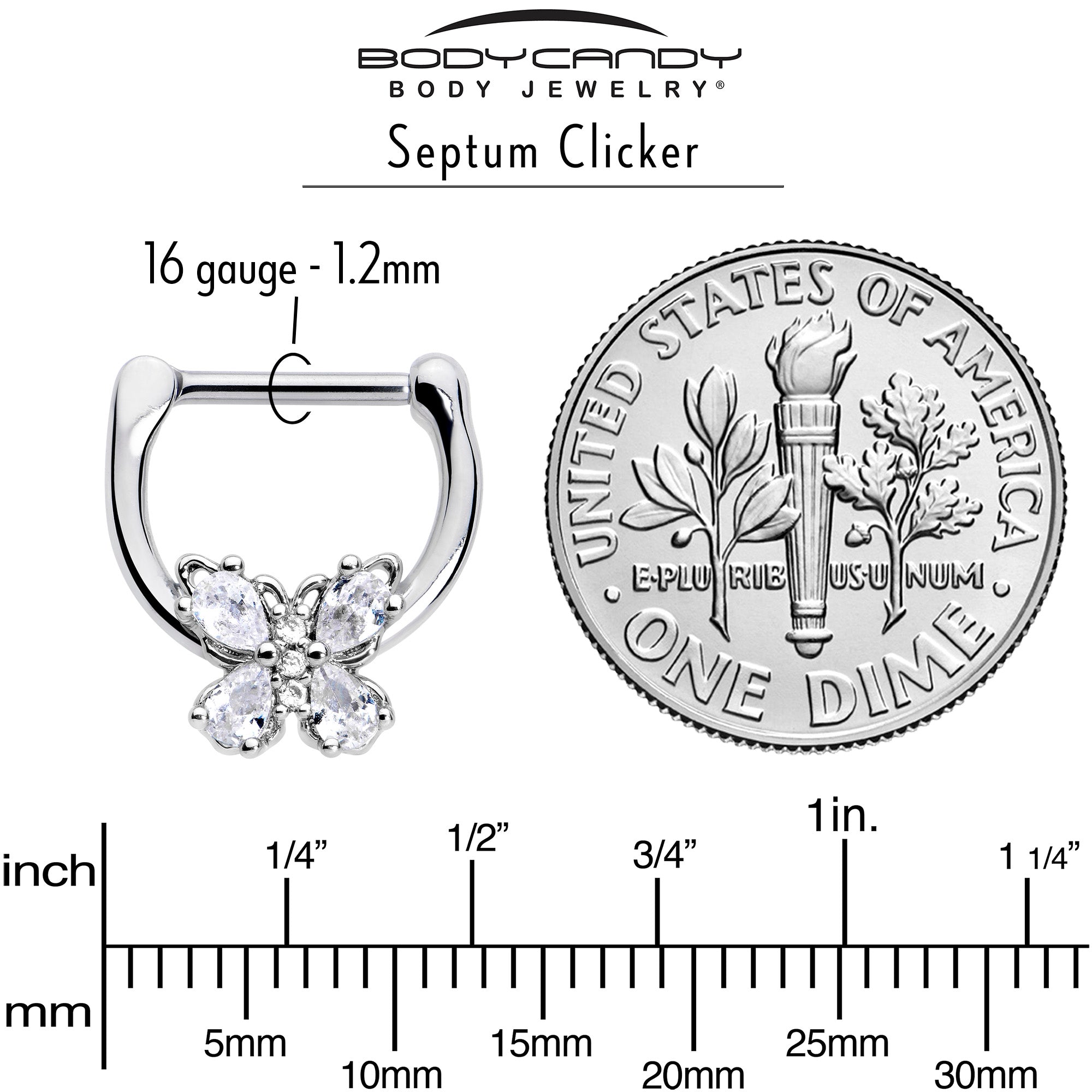BodyCandy 16G 5/16 Clear Gem Baroque Beauty Butterfly Cartilage Clicker — side view