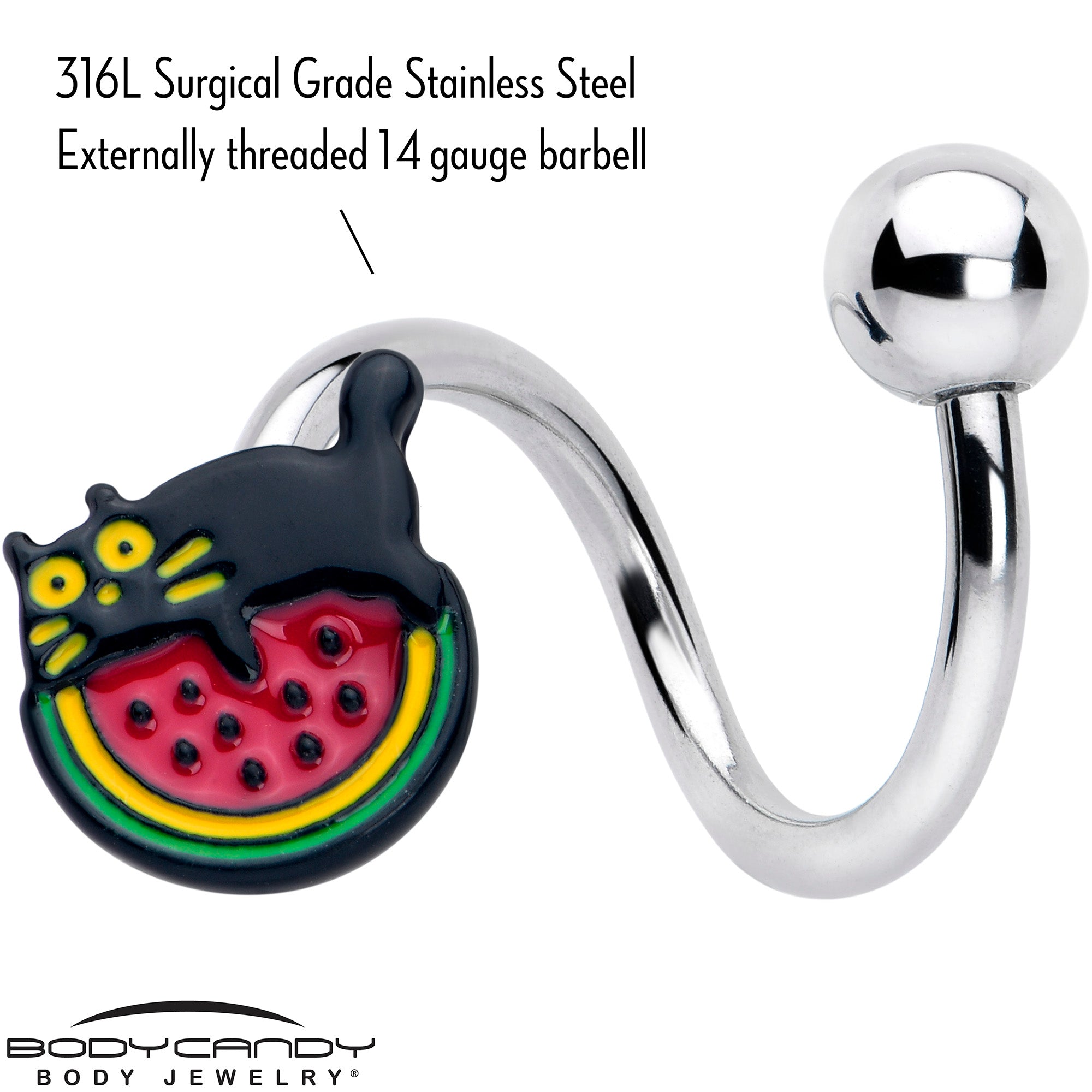 BodyCandy Watermelon Cat Love Spiral Twister Belly Ring — detail close-up