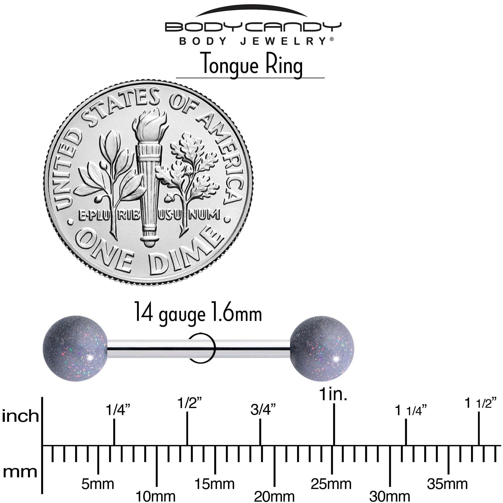 BodyCandy Pastel Shimmer Grey Ends Barbell Tongue Ring — side view