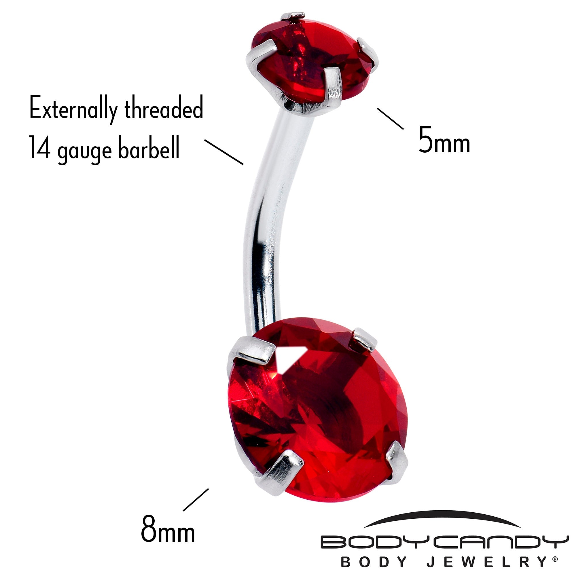 BodyCandy Deep Red Gem July Birthstone Double Mount Belly Ring — detail close-up